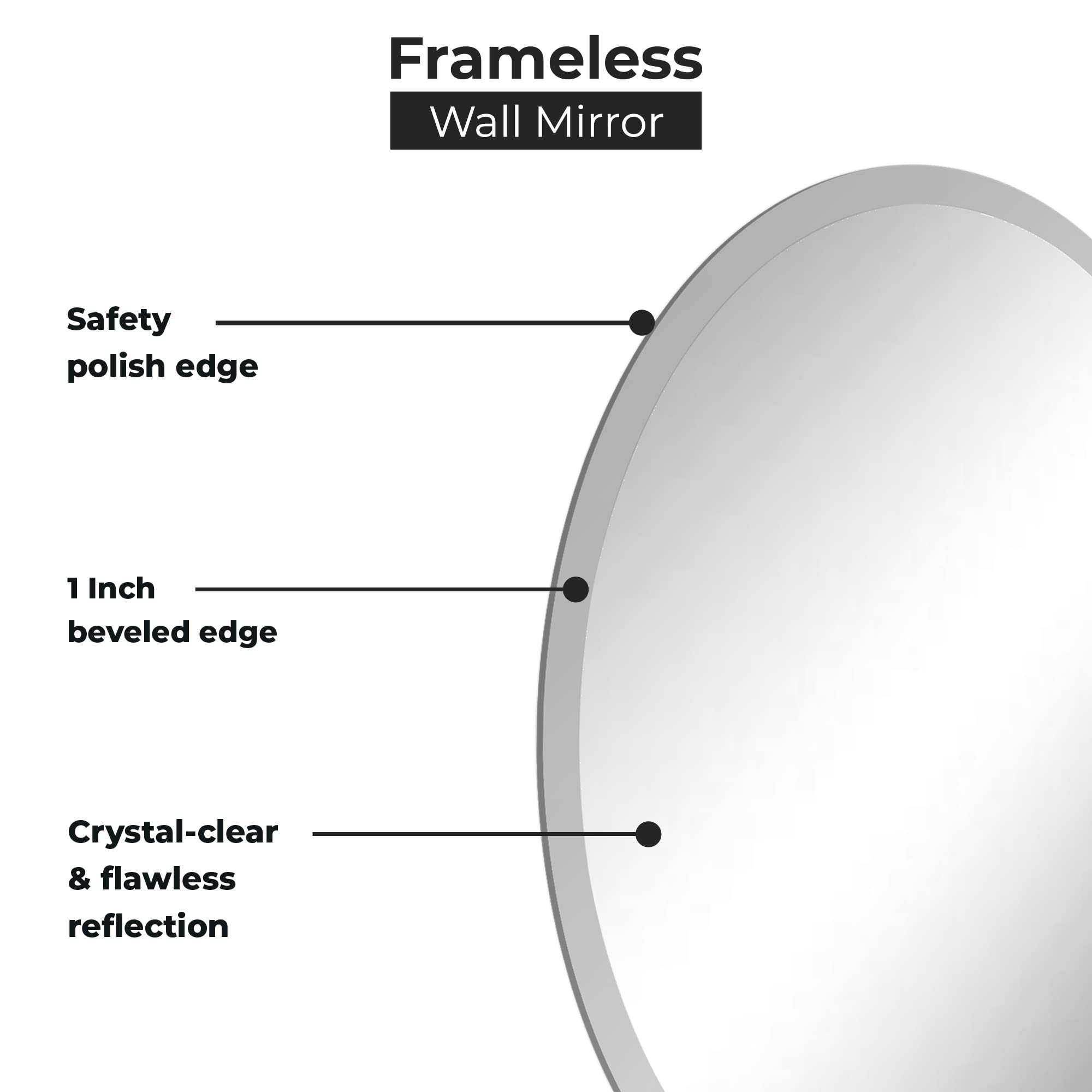 22x39 Inch Oval Frameless Wall Mirror with 1 Inch Beveled Edge - Bathroom Vanity Bedroom Living Room Decor - Shatter-Resistant Glass for Home & Commercial Use