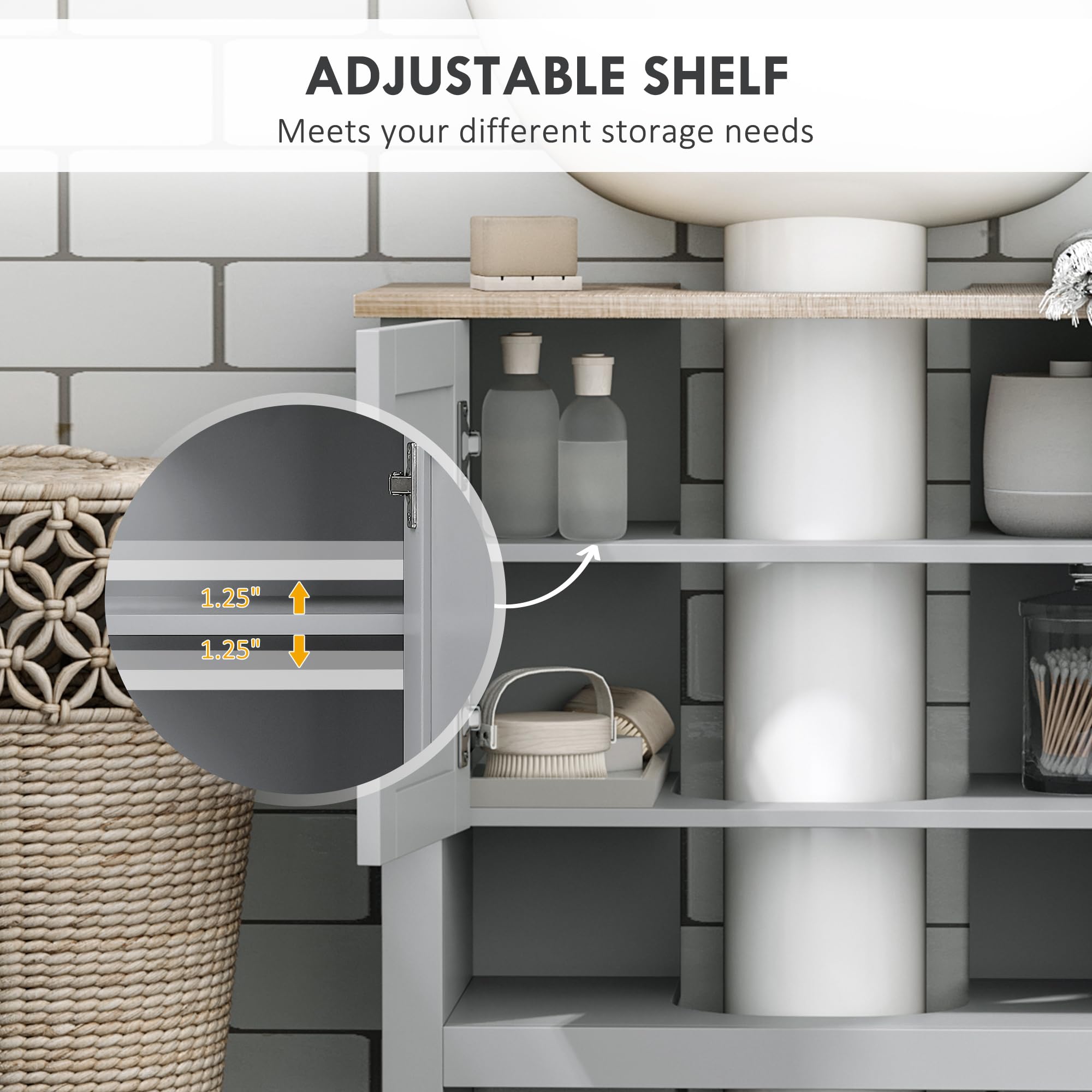 Kleankin Pedestal Sink Storage Cabinet - Under Sink Bathroom Vanity with Adjustable Shelf & Open Bottom - Gray - Perfect for Small Bathroom Organization & Extra Storage Space