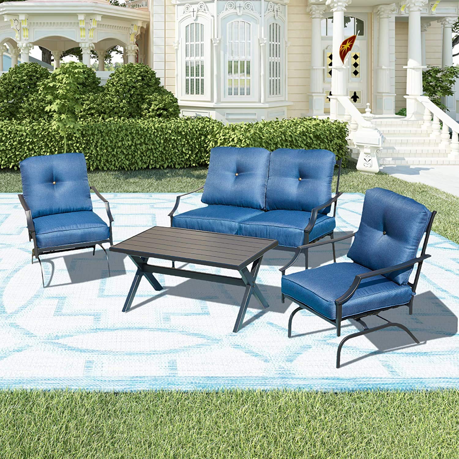 4-Piece Outdoor Patio Furniture Set - All-Weather Cushioned Metal Chairs, Love Seat & Coffee Table - Blue Conversation Set for Poolside, Lawn, Garden & Backyard Relaxation