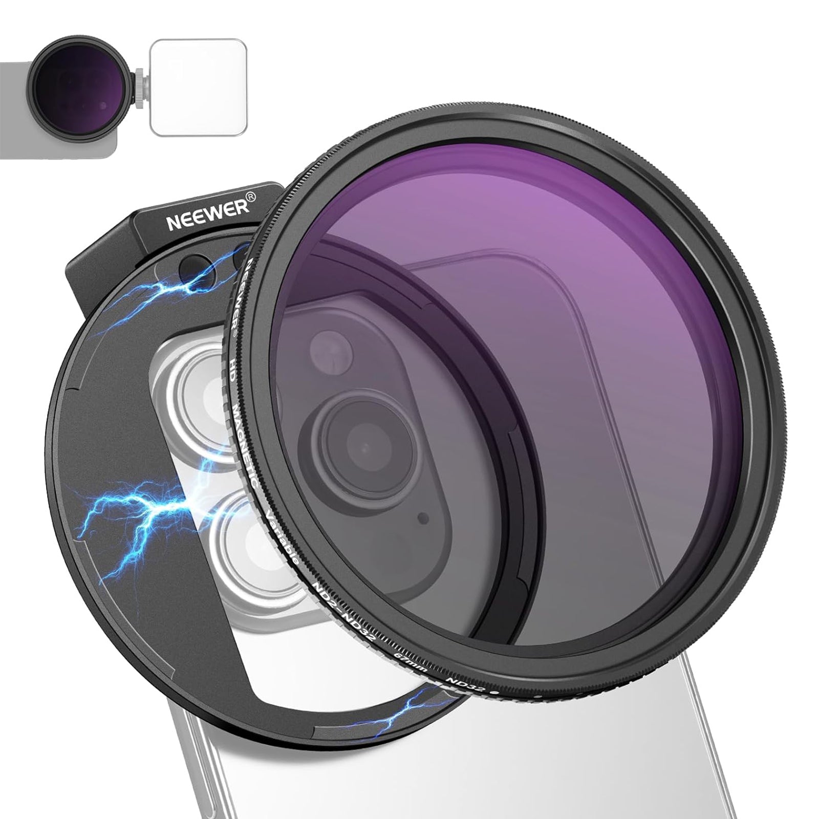 NEEWER 67mm Clip-On ND2-ND32 Variable Neutral Density Filter Kit for Smartphone Photography - Perfect for Vlogging, Travel & Outdoor Shooting