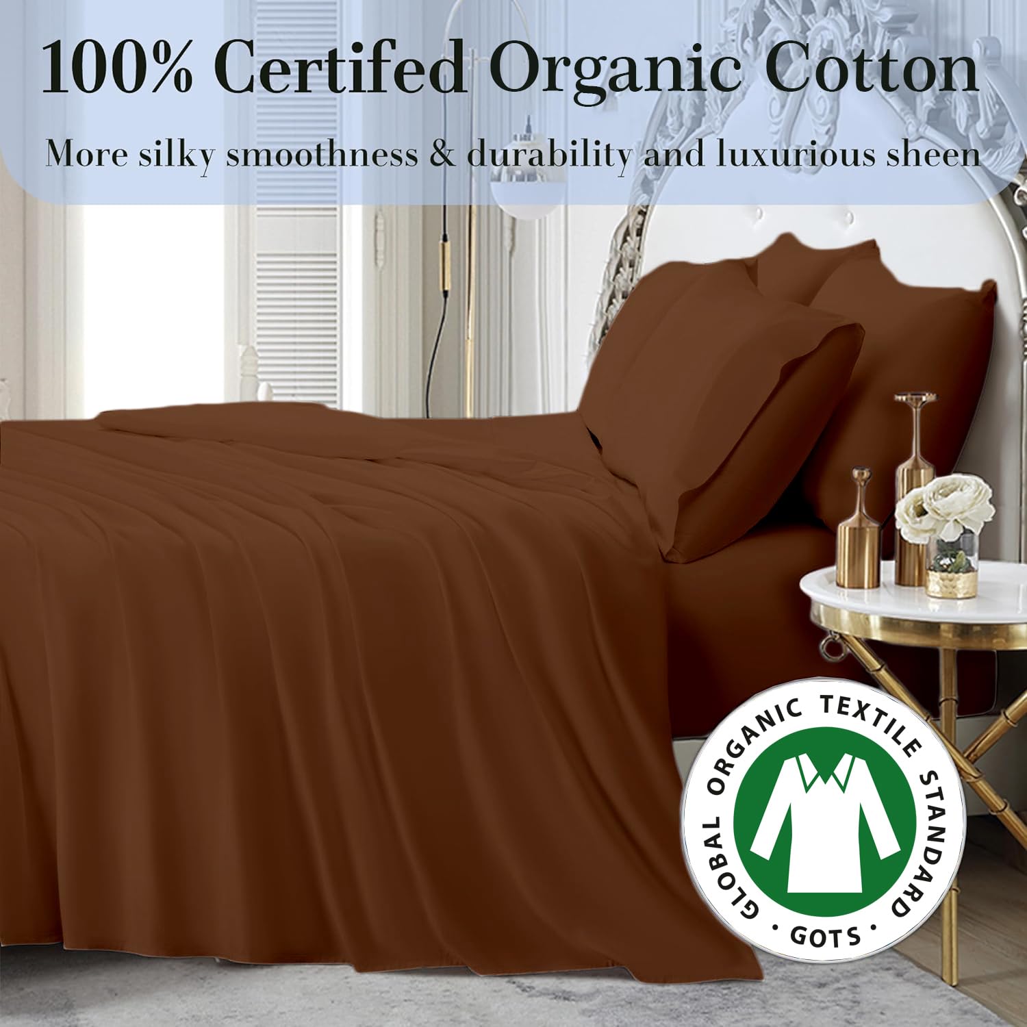 4-Piece California King Size Sheet Set - 100% Organic Cotton, 800 Thread Count, Soft & Breathable Luxury Bed Sheets with 8-12