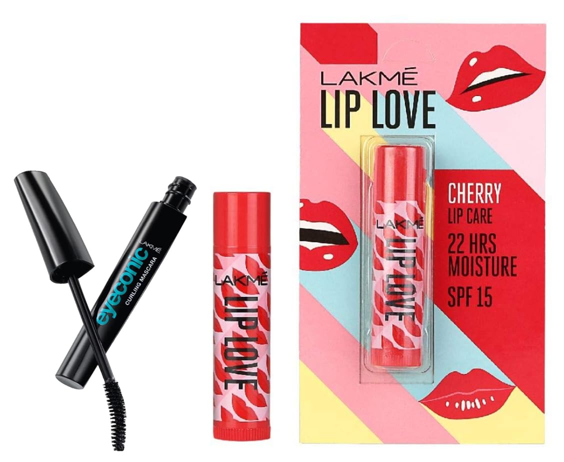Lakmé Eyeconic Lash Curling Mascara - Black (9ml) & Lakmé Lip Love Chapstick with SPF 15 - Cherry (4.5g) | Volumizing Mascara for Long Lashes & Moisturizing Lip Balm for Soft Lips | Perfect for Daily Makeup & Sun Protection