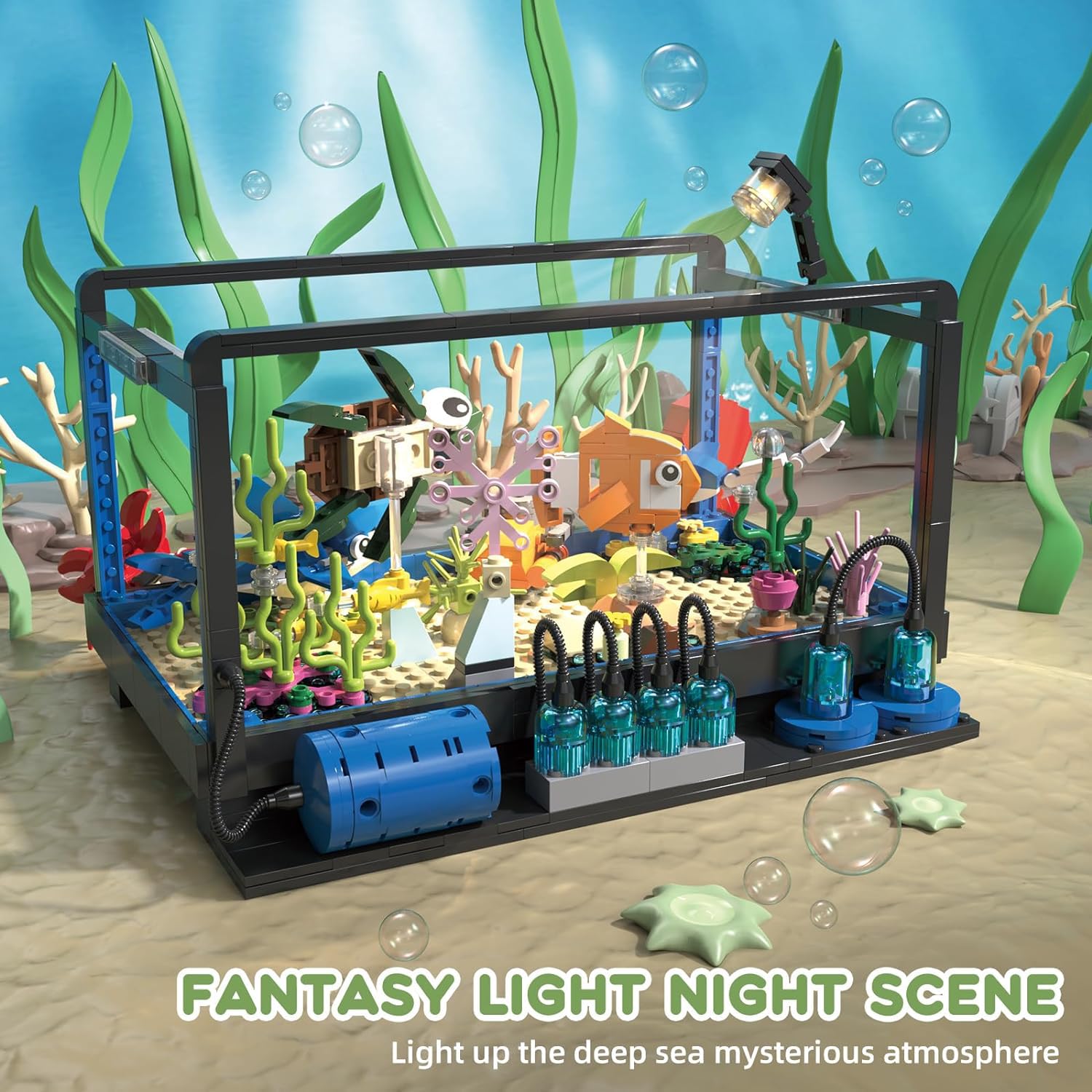 LEGO-Compatible Aquarium Building Set with Marine Life Animals & Creative Lighting - 625Pcs Educational STEM Toy for Kids Ages 6-12 | Fish Tank Model with Submarine for Home Decor & Playtime Learning