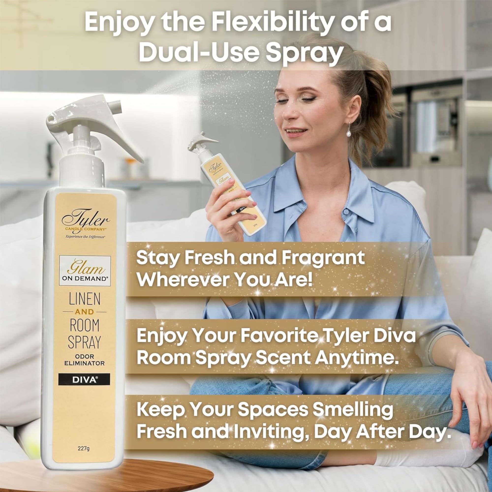 Tyler Glam on Demand - Diva Scent Linen & Room Spray 2-Pack | Air Freshener & Odor Eliminator with Stain Remover Pen | Laundry Essentials for Home, Bedroom & Travel | Fresh Linen Fragrance for Clothes & Fabrics