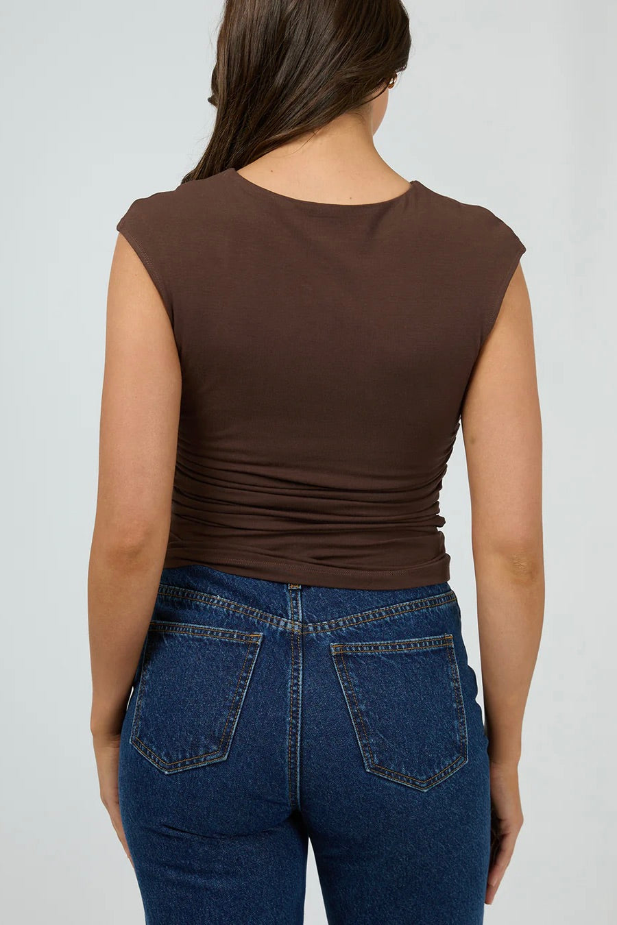 Evie Chocolate Ruched Short Sleeve Top for Women - Elegant & Flattering Fit - Perfect for Casual Outings, Dates & Office Wear