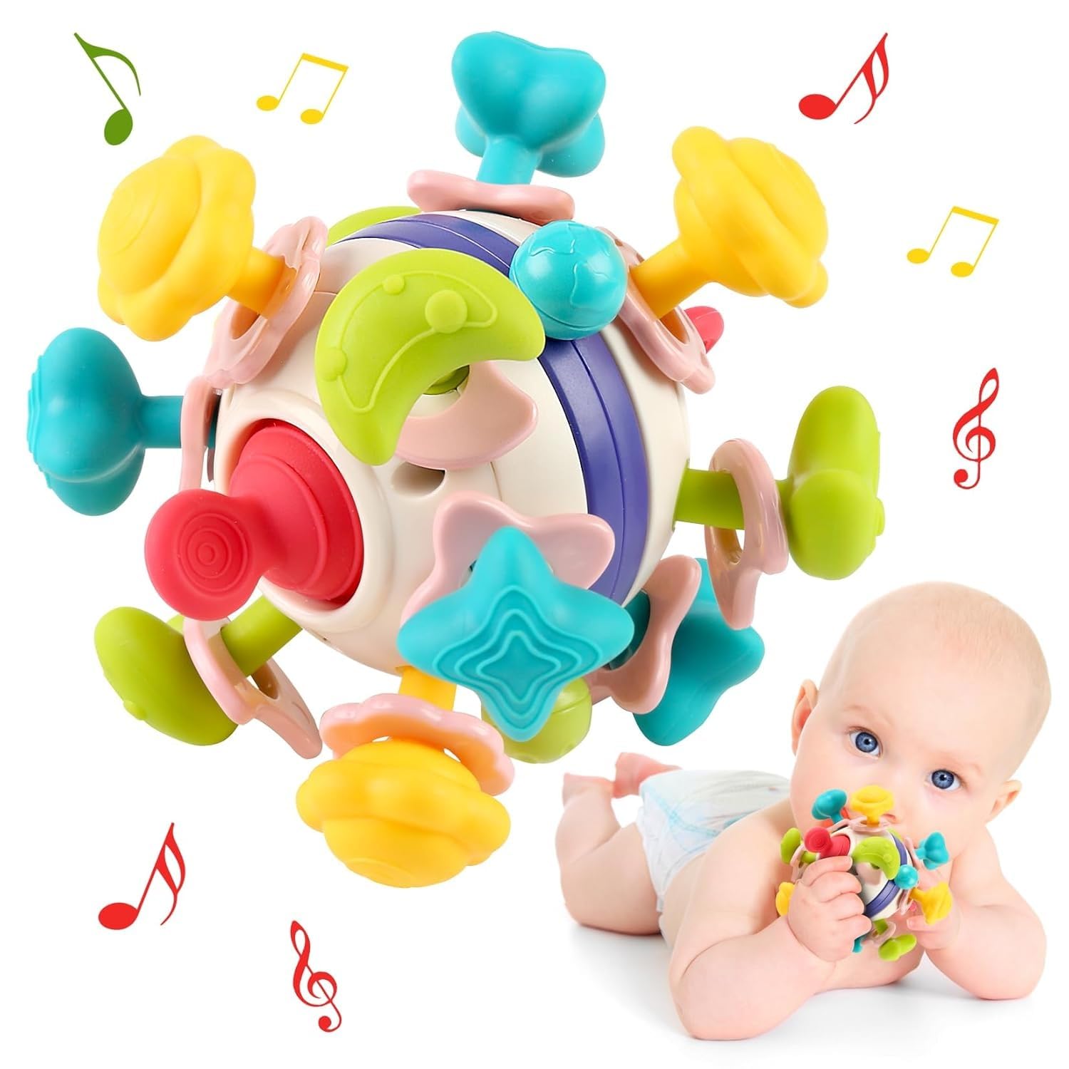 BLiSS HUES Silicone Space Teether Ball Toy for Babies 6+ Months - Safe Chewing, Sensory & Montessori Learning Developmental Toy - Perfect for Teething Relief, Early Education & Playtime