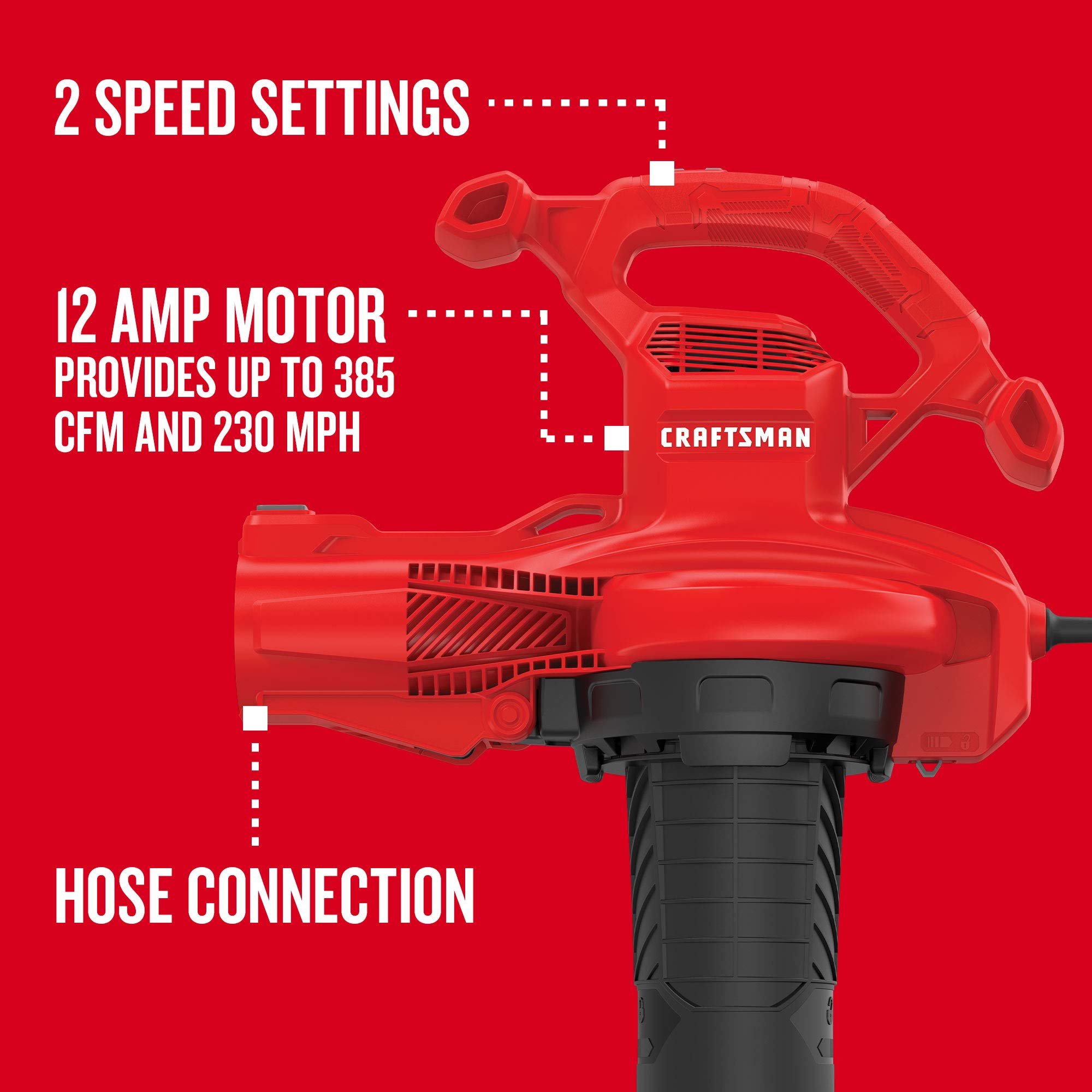 CRAFTSMAN 3-in-1 Leaf Blower, Vacuum & Mulcher - 230 MPH, 12 Amp Corded Electric (CMEBL700) for Yard Cleaning, Lawn Maintenance & Leaf Removal