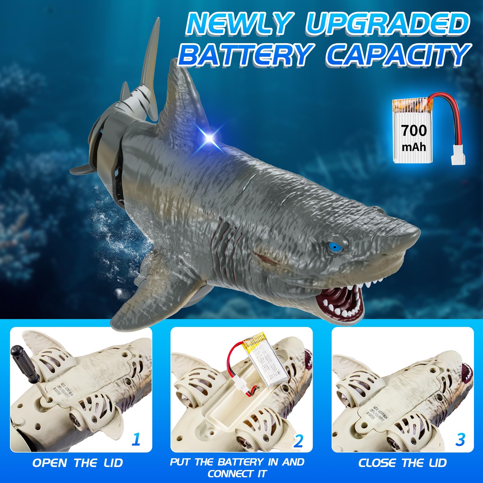 2.4GHz Rechargeable Remote Control Shark Toy for Kids - Realistic Swimming Pool & Outdoor Water Toy with LED Lights - Perfect Gift for Boys & Girls Ages 6+ - Fun Summer Pool Party & Beach Playtime