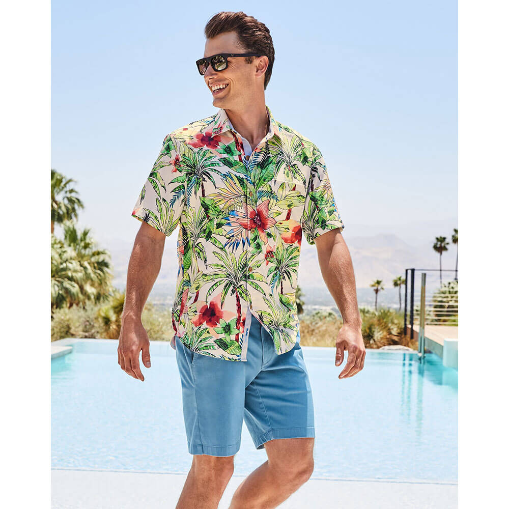 Tommy Bahama IslandZone Tepito Garden Camp Shirt for Men - Coconut Cream Color - Lightweight Hawaiian Style Button Down Shirt for Beach Vacation, Summer Outings & Casual Wear