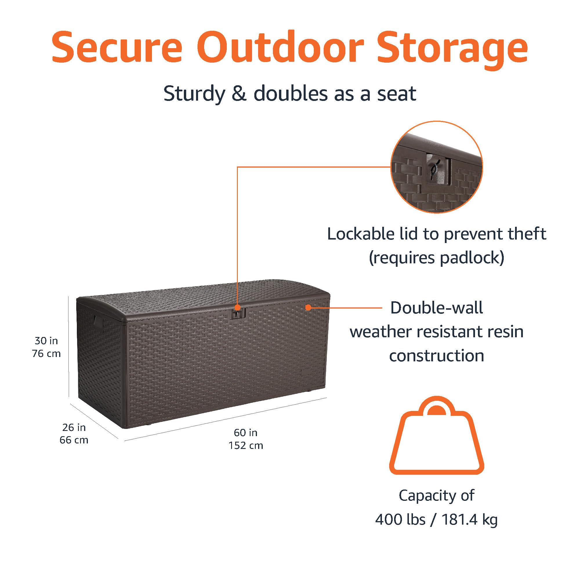 Amazon Basics 150 Gallon Outdoor Patio Storage Deck Box - Waterproof & Weather-Resistant for Furniture Cushions, Garden Tools - Brown - Perfect for Backyard, Deck, and Poolside Storage