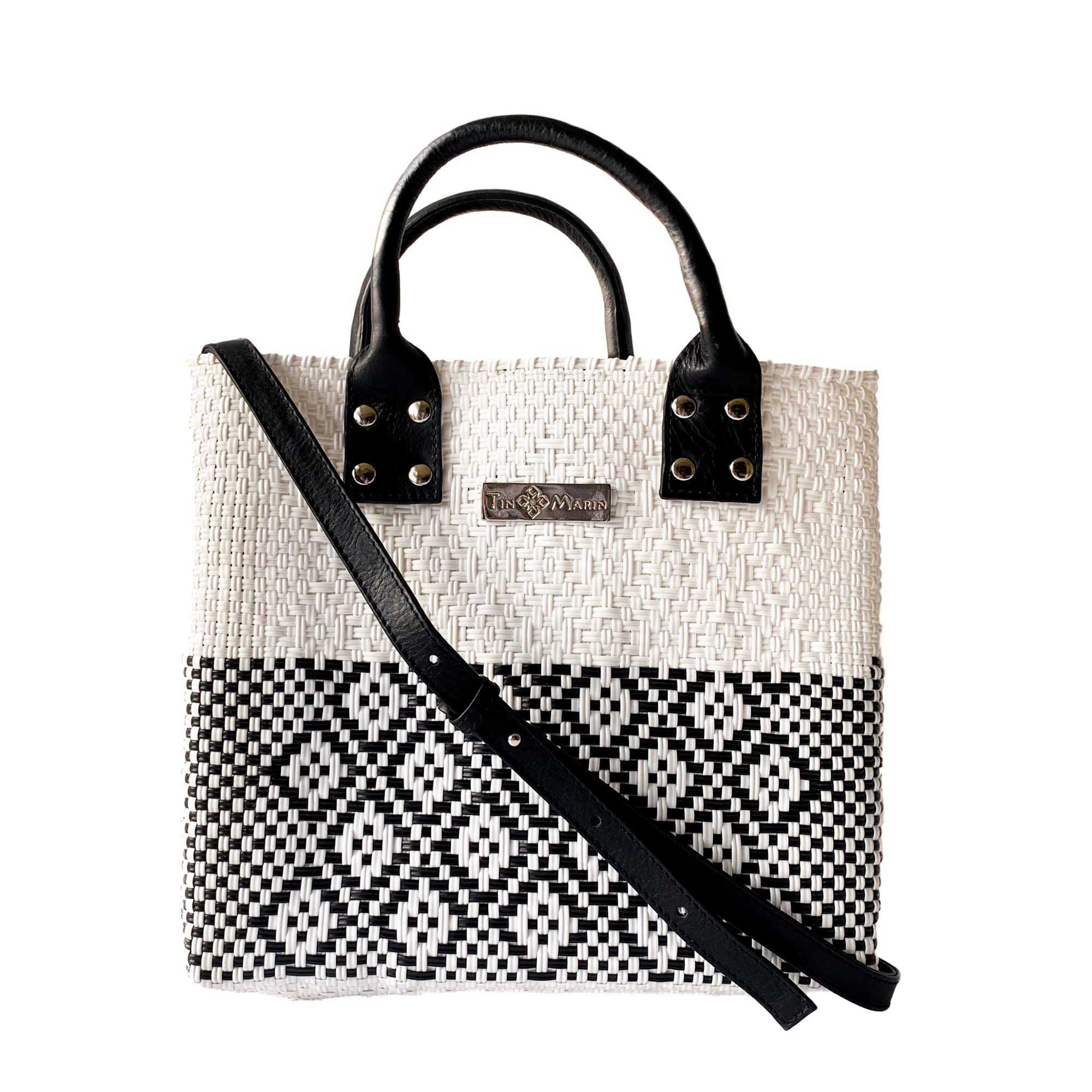 Eco-Friendly White Large Woven Crossbody Bag with Black Leather Handles & Adjustable Strap - Handcrafted Recycled Plastic Purse | Mexican Oaxaca Style Tote for Women | Perfect Summer Bag, Work Bag & Everyday Purse for Office, Travel & Shopping