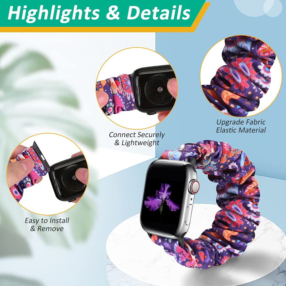 Tiptops 3 Pack Apple Watch Bands Scrunchies 38mm-49mm - Soft Fabric Elastic Wristbands for Women, Compatible with iWatch Ultra 2, Series 10/9/8/7/6/5/4/3/2/1/SE - Stylish Printed Straps for Workouts, Running & Everyday Wear