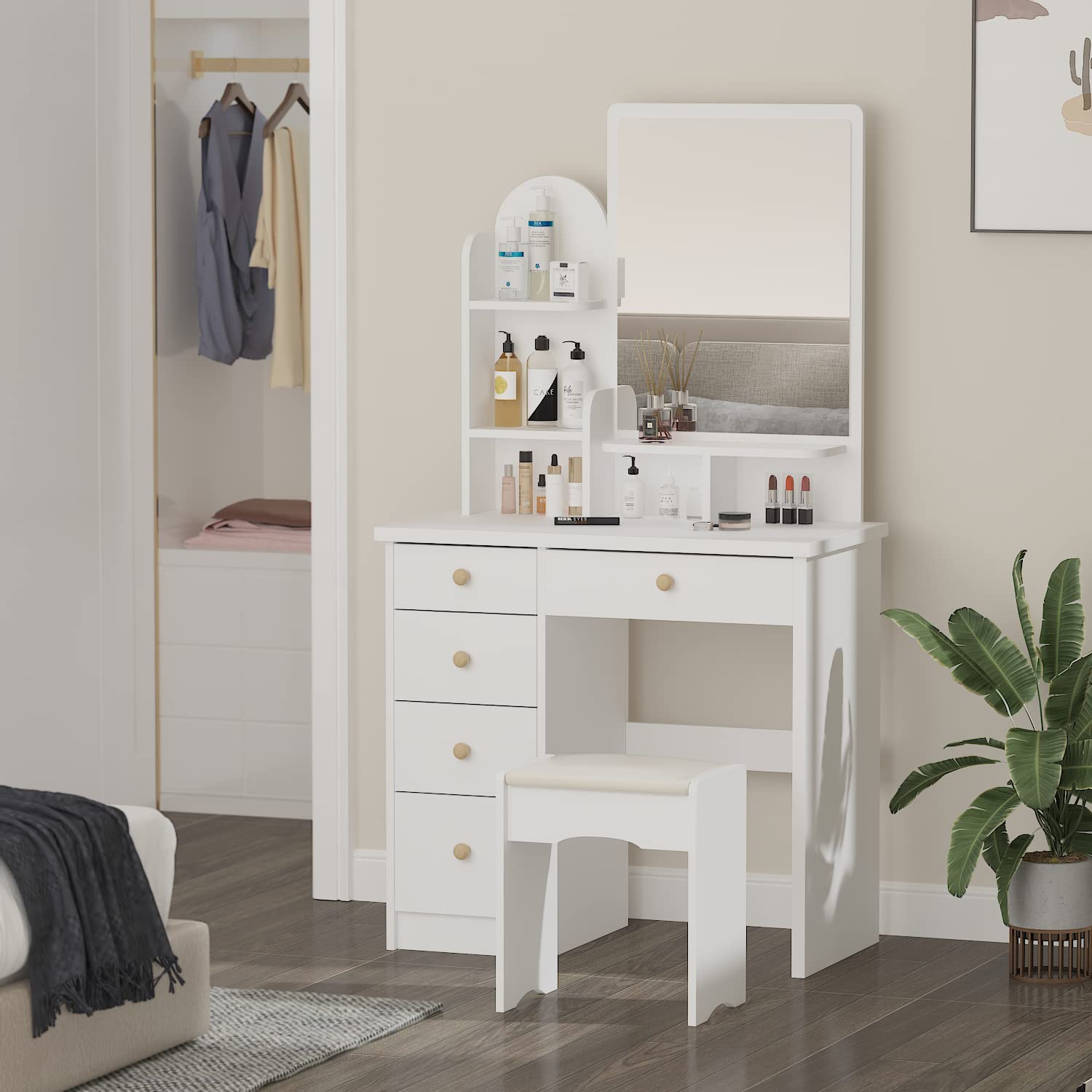 White Vanity Desk Set with Large Mirror & 5 Drawers - Makeup Dressing Table with Storage Shelves & Cushioned Stool for Bedroom | Perfect for Makeup Application, Jewelry Organization & Home Decor