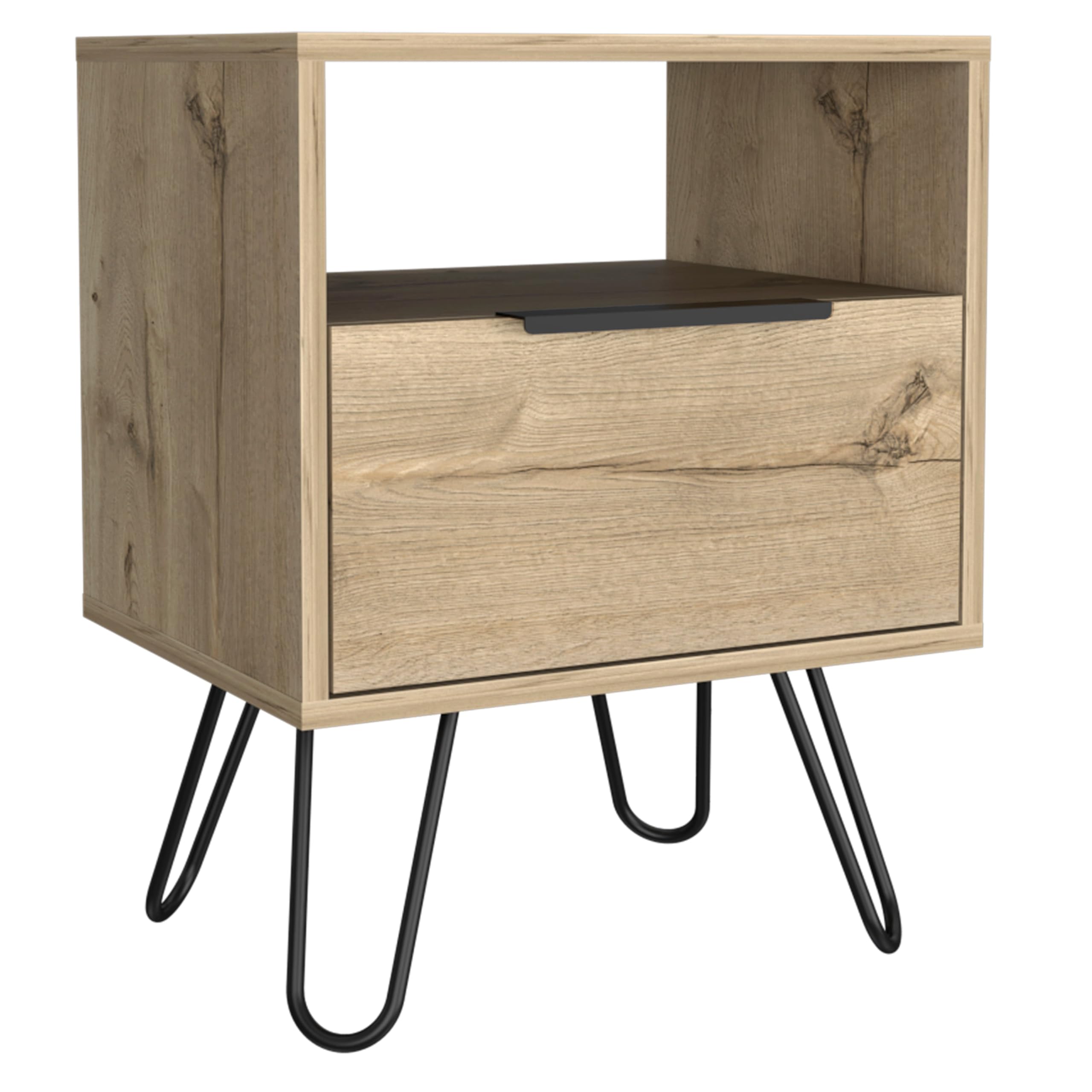 Tuhome Augusta Nightstand with Single Door Cabinet & Hairpin Legs in Light Oak - Modern Bedside Table for Bedroom, Living Room, or Office Storage