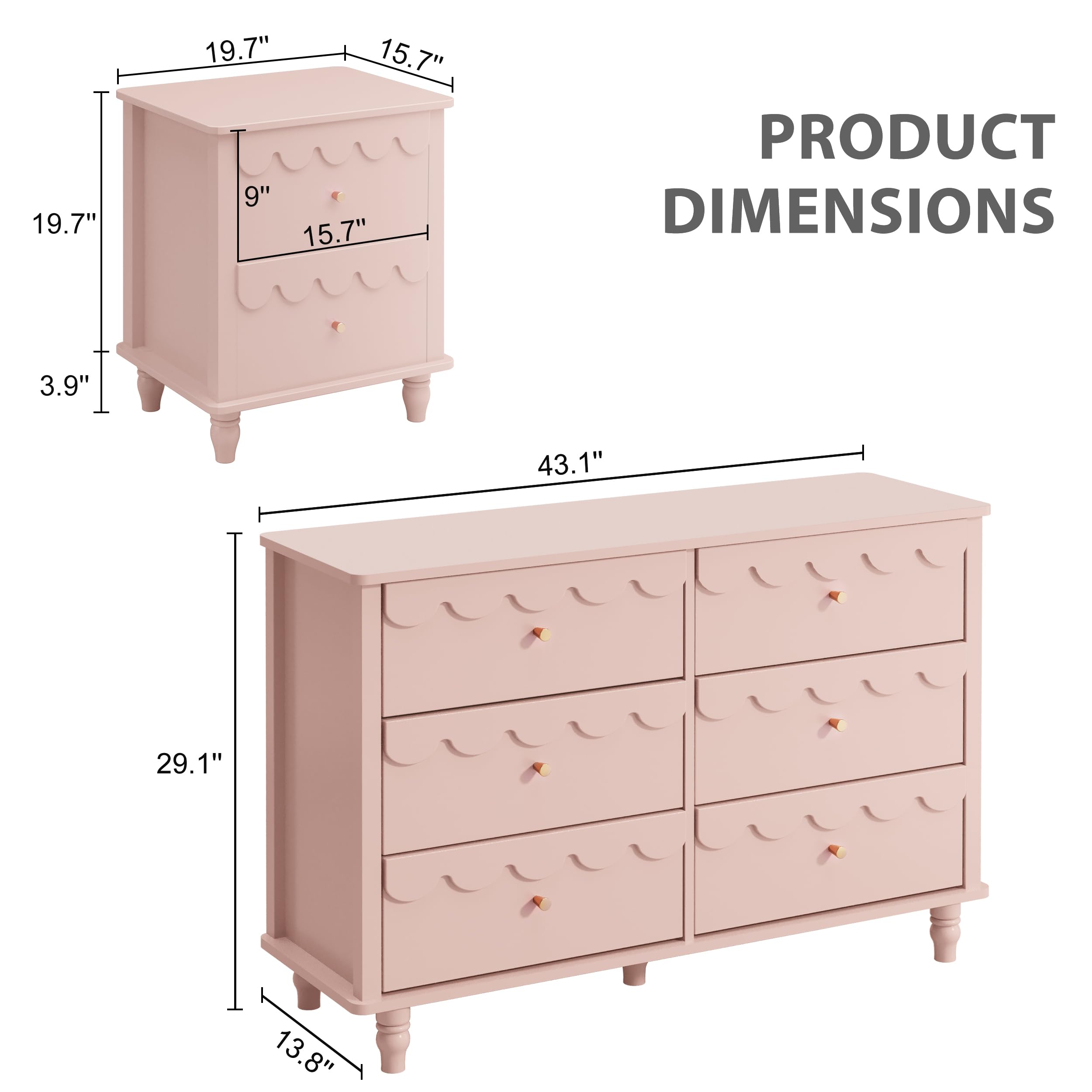 Anbuy 6-Drawer Dresser & 2-Nightstand Set - 3-Piece Bedroom Furniture Combo in Pink | Space-Saving Storage Solution for Small Bedrooms, Guest Rooms & Dorm Rooms