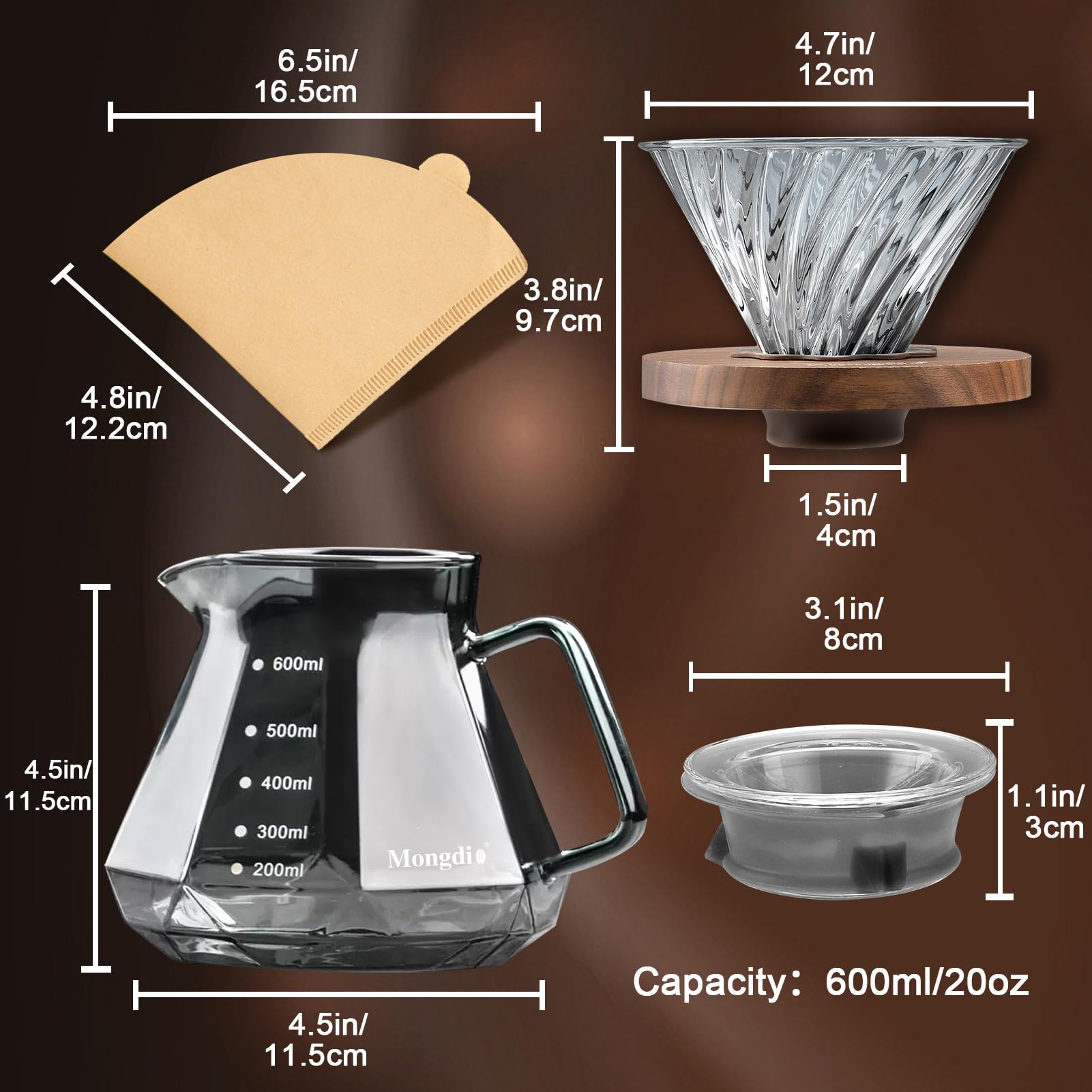 Premium Pour Over Coffee Maker Set - 20oz Borosilicate Glass Dripper with Walnut Handle & Glass Lid, Includes 100pcs V60 Paper Filters (600ml, Gray) - Perfect for Home Brewing, Café & Restaurant Use