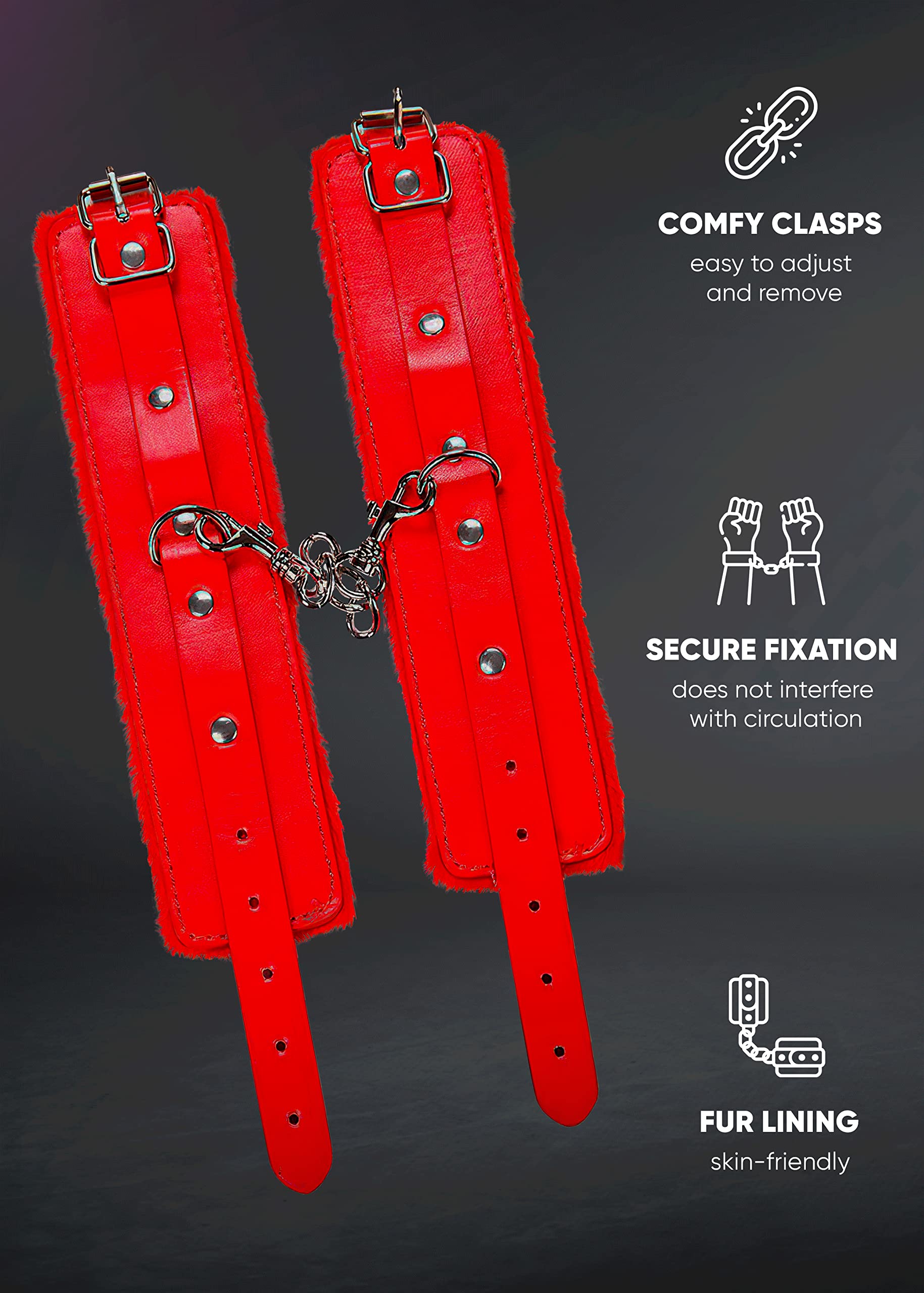 Soft Fluffy Handcuffs for Couples - Adjustable Red Fuzzy Hand Restraints with Chain - Perfect for BDSM, Role Play & Spicing Up Your Intimate Moments