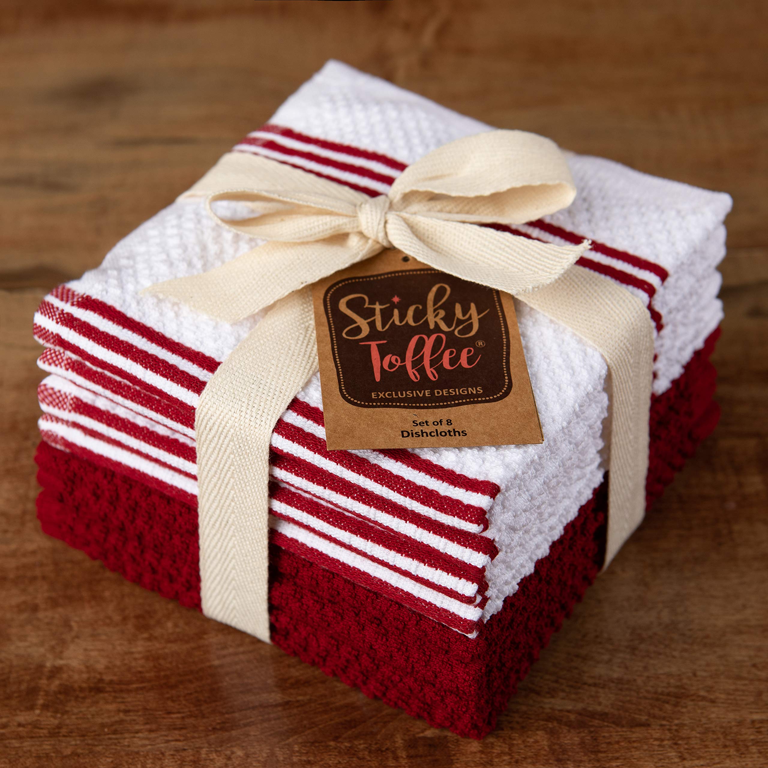 Premium 100% Cotton Kitchen Towels Set of 8 - Absorbent Dish Cloths & Tea Towels (12x12 Inch) | OEKO-TEX Certified, Reusable Cleaning Cloths in Red & White | Perfect for Dish Drying, Counter Cleaning & Kitchen Decor
