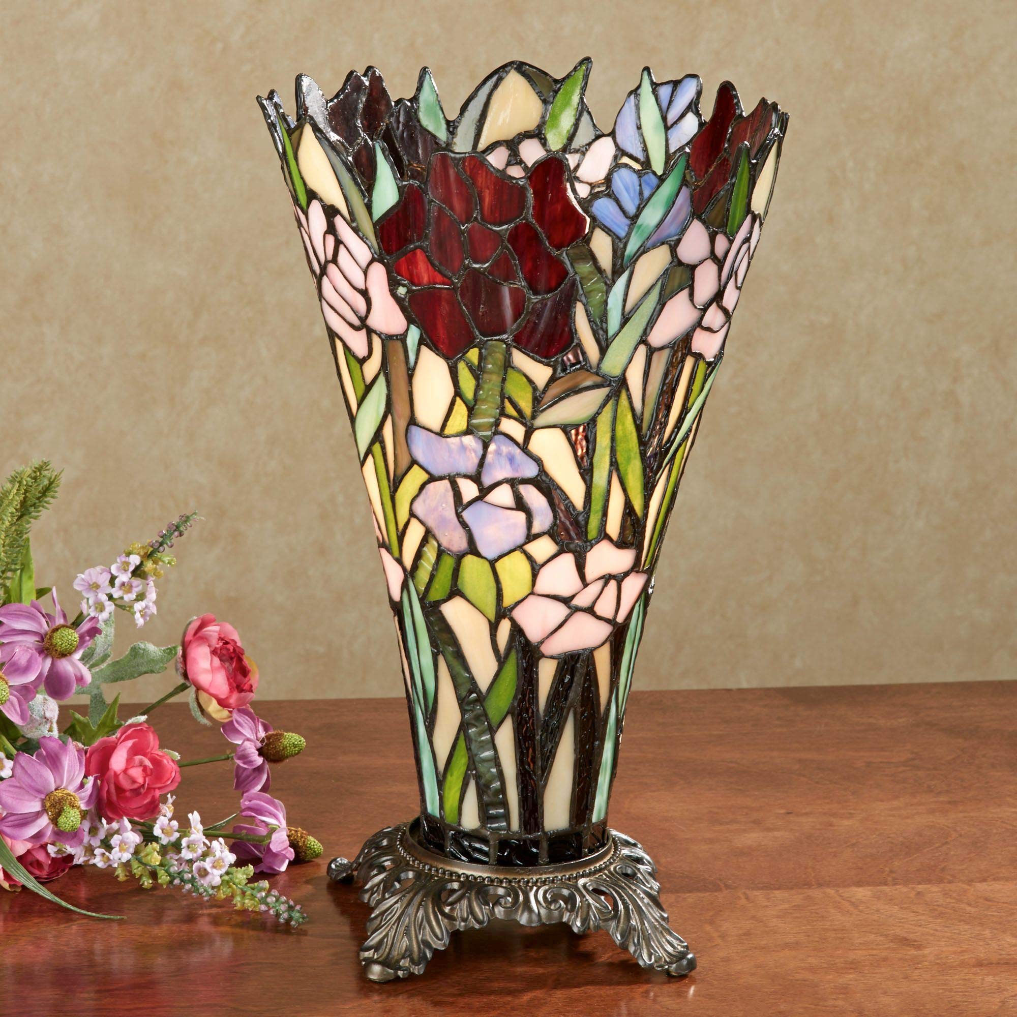 Zuri Stained Glass Tiffany Style Floral Table Lamp - Pink, Purple, Burgundy, Green Uplight Accent Lighting for Bedroom, Living Room, Desk - Elegant Home Decor & Romantic Ambiance