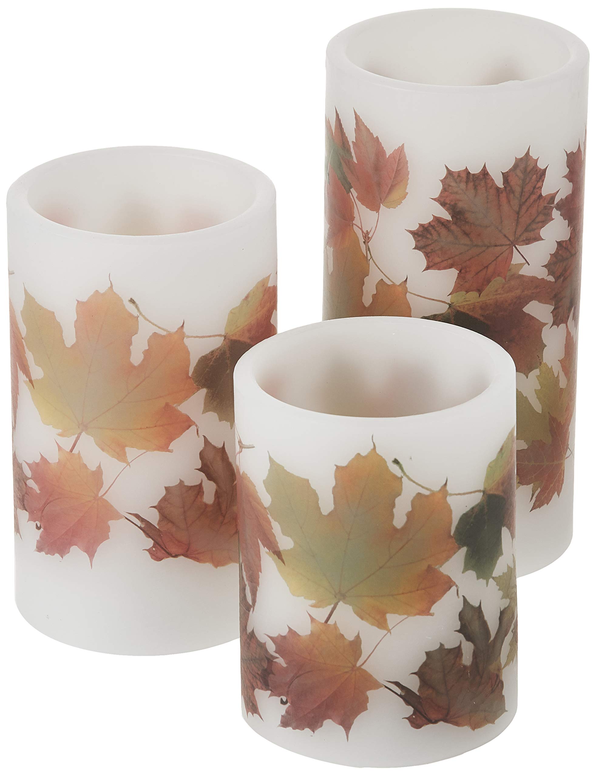 Set of 3 Fall Leaf Wax Battery Operated Flameless LED Pillar Candles with Remote Control - Thanksgiving Decor, Autumn Home Decor, Table Centerpiece, Holiday Ambiance Lighting