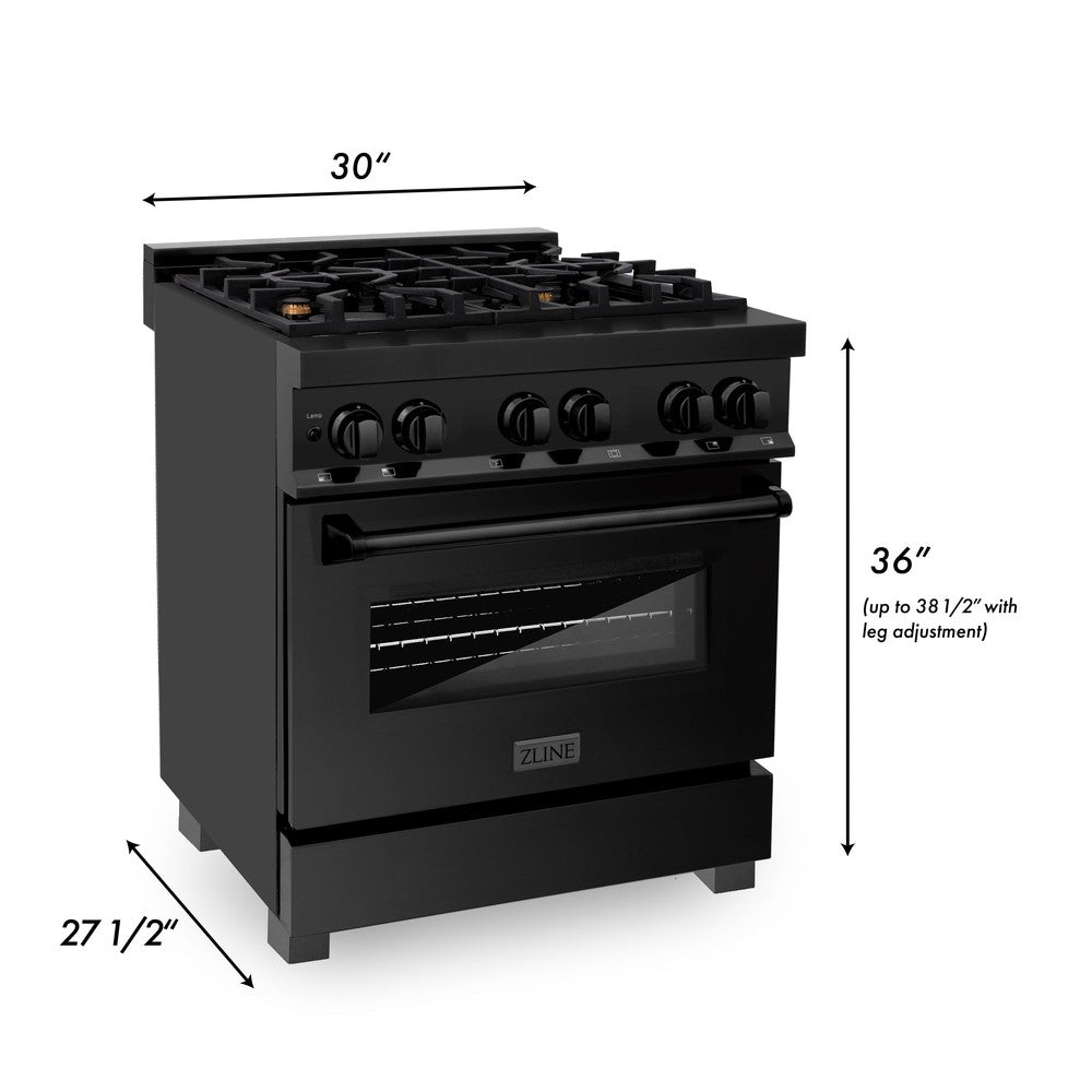 ZLINE 30-inch 4.0 cu. ft. Dual Fuel Range - Black Stainless Steel Gas Cooktop & Electric Convection Oven with 4 Brass Burners | Perfect for Modern Kitchens, Home Chefs & Gourmet Cooking (RAB BR 30)