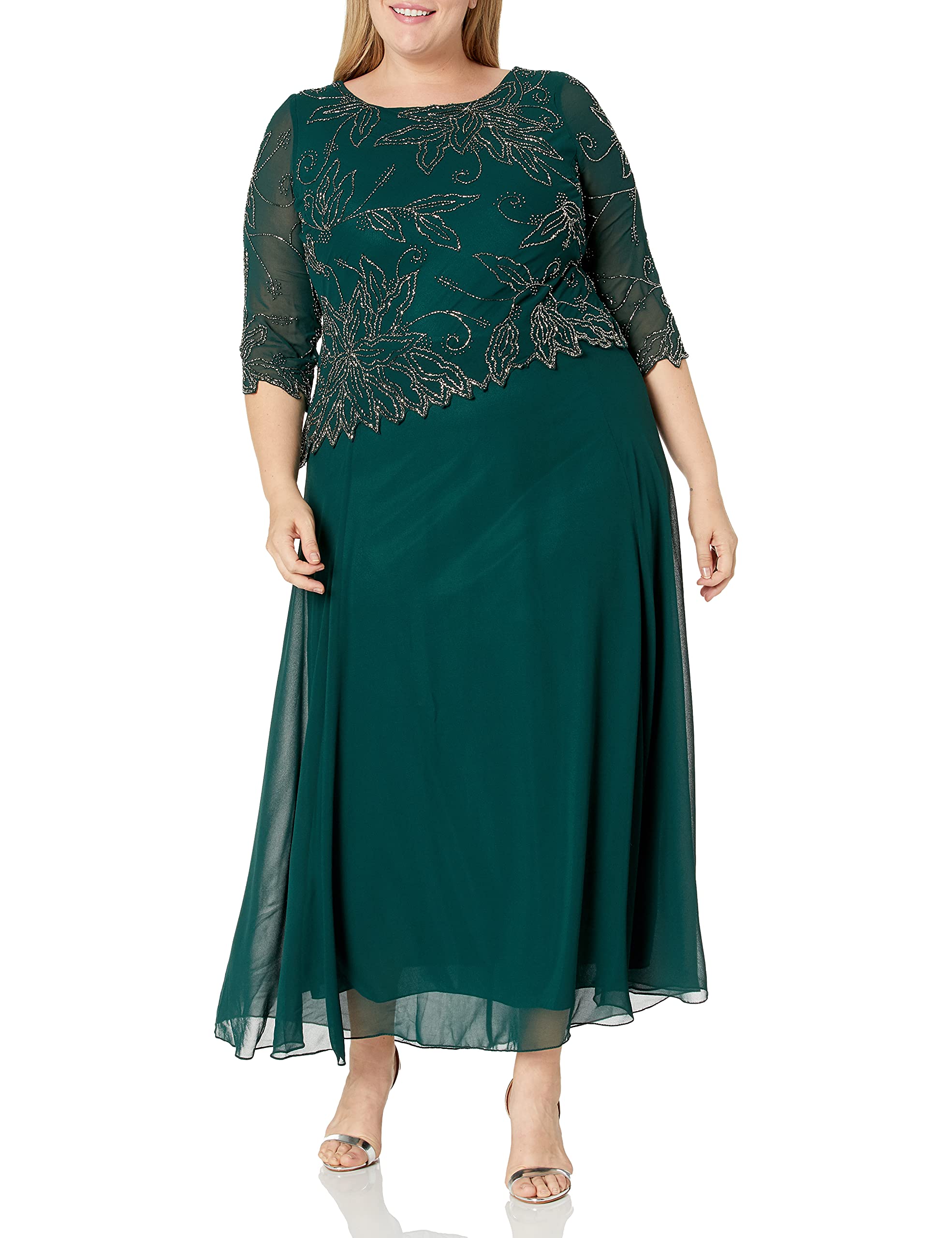 J Kara Plus Size Women's Sheer Sleeve Floral Beaded Long Maxi Dress for Evening Party, Wedding Guest, Prom & Special Occasions