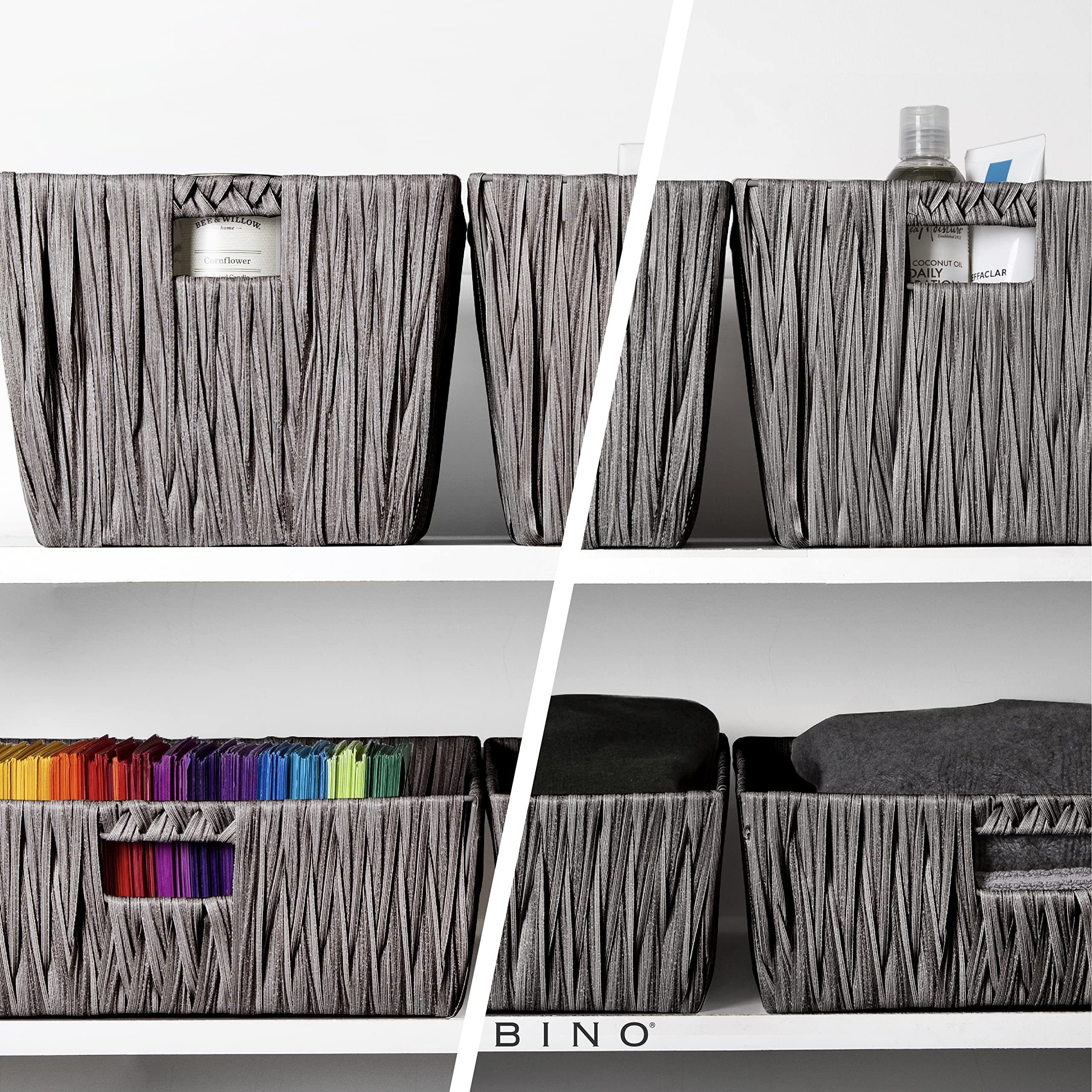 BINO 2 Pack Woven Resin Basket Organizer - Large Storage Bins with Built-in Handles for Shelves, Closet, Bathroom & Home Organization - Dark Grey