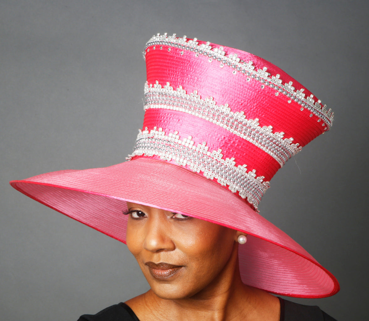 OE0027 Women's Elegant Diamond Trim Church Hat - Bright Pink Satin for Sunday Service, Weddings & Special Occasions