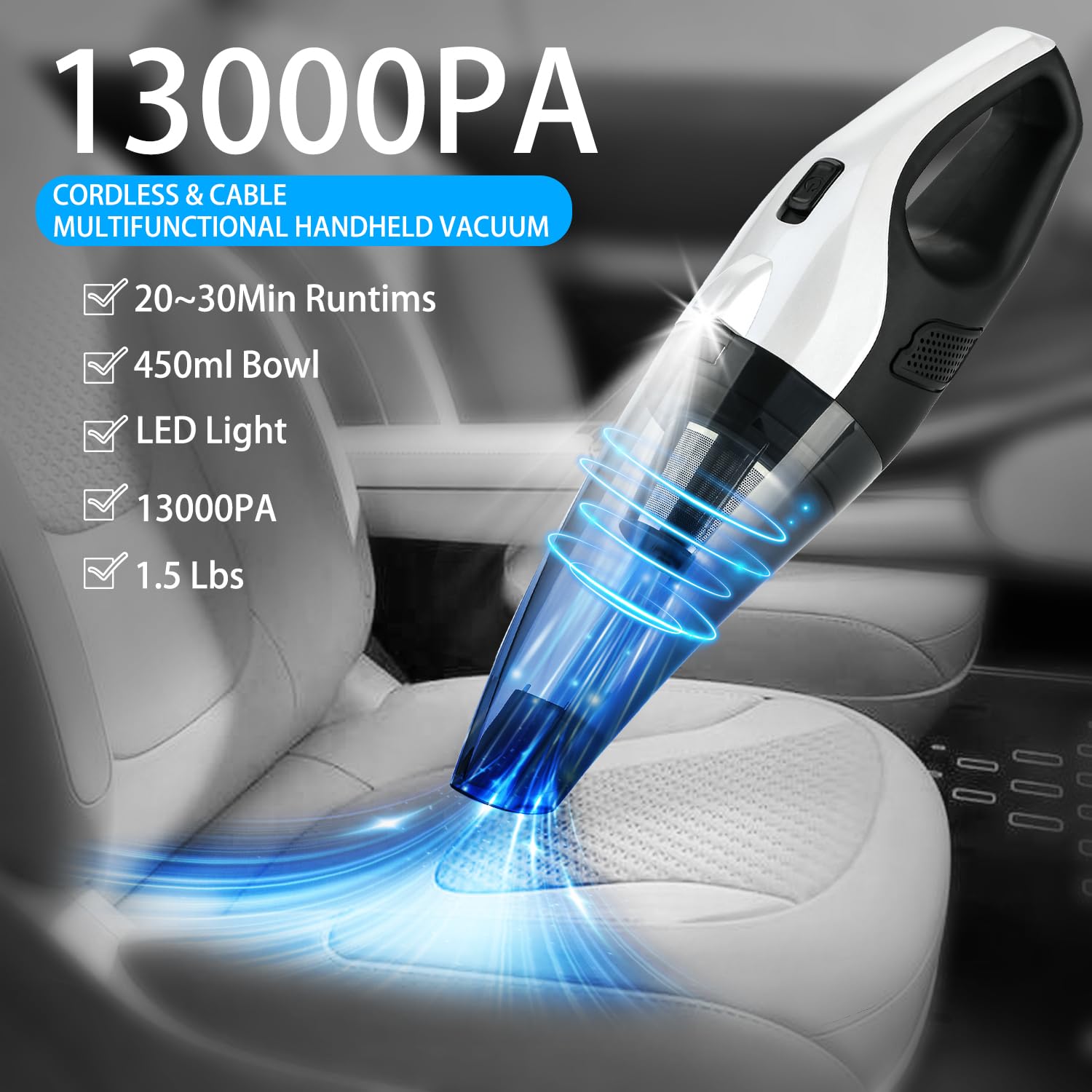 Cordless Handheld Vacuum Cleaner - 13000PA Strong Suction, Rechargeable Portable Vacuum with LED Light for Car, Home, Pet Hair & Travel Cleaning | Ideal for Car Seats, Sofas, Stairs & Quick Cleanups
