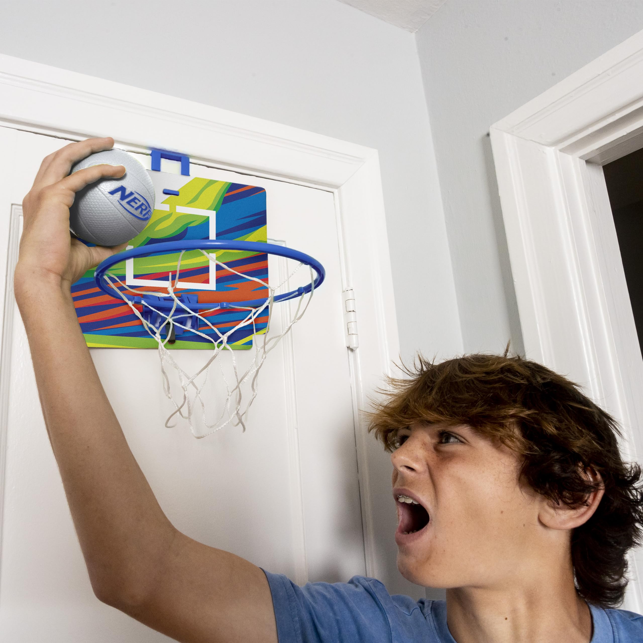 Nerf Mini Over The Door Basketball Hoop Set - Indoor Basketball Game for Kids with Mini Foam Ball - Fun Bedroom & Playroom Toy for Boys & Girls - Perfect for Indoor Sports & Active Play (Blue)