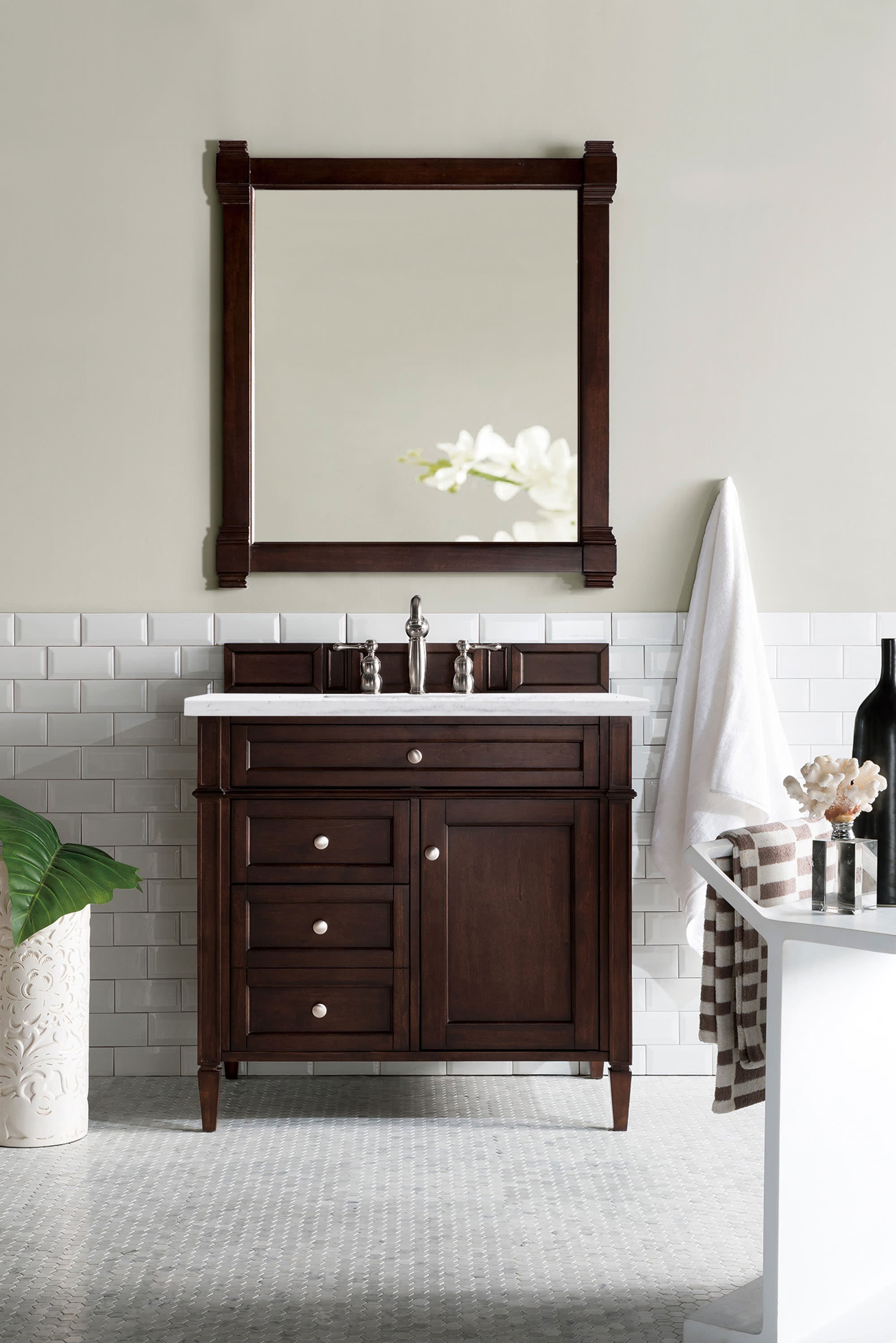 Brittany 36 Inch Burnished Mahogany Bathroom Vanity with 3CM Arctic Fall Solid Surface Top - Modern Single Sink Vanity for Master Bathroom & Powder Room Remodel