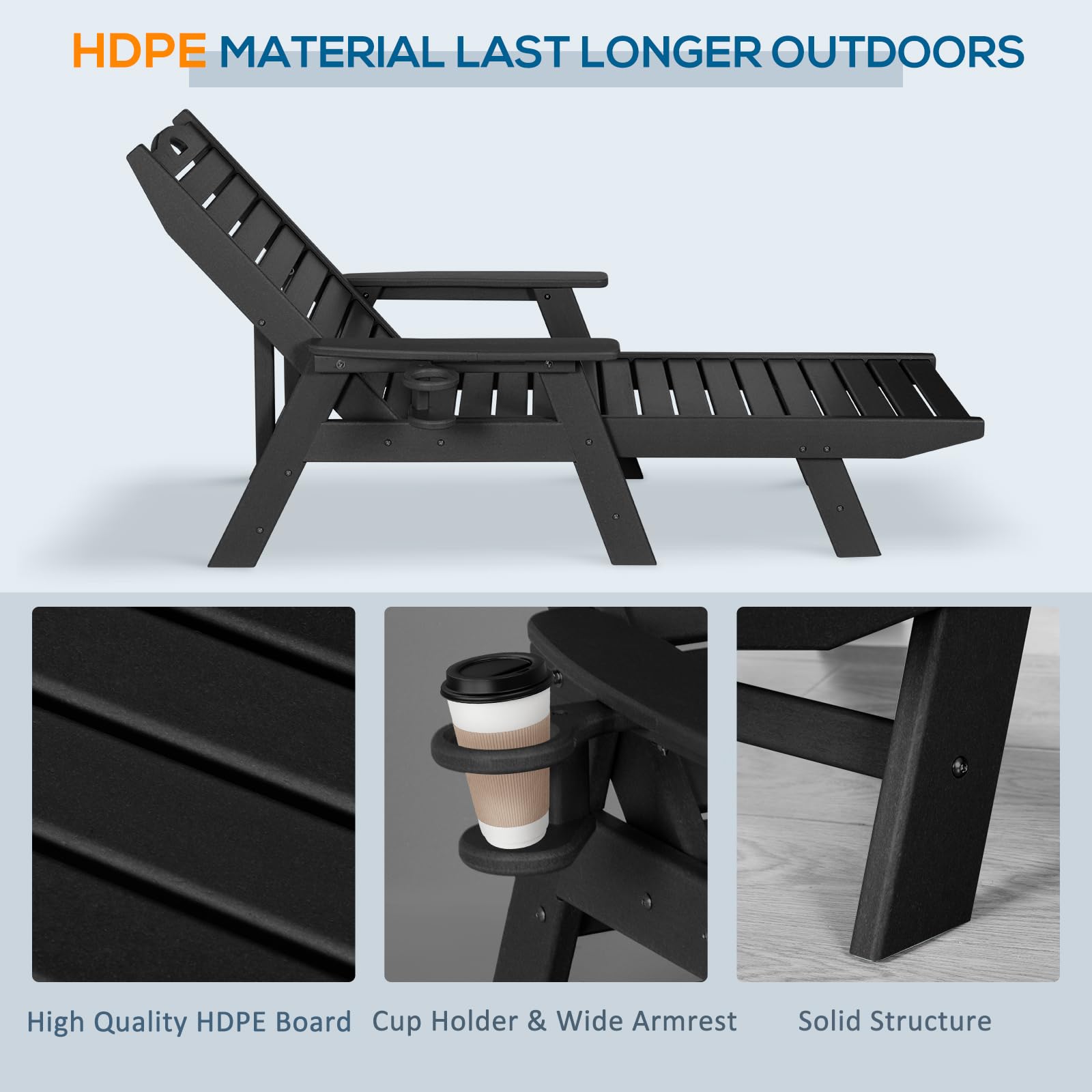 **2-Piece Nalone Outdoor Chaise Lounge Set - 5-Position Adjustable Backrest, Heavy-Duty HDPE Lounge Chairs Supports 400 LBS - Perfect for Patio, Poolside, Deck, Beach & Backyard (Black)**    *Use Cases: Relaxing by the pool, sunbathing at the beach, lounging on the patio, or enjoying backyard gatherings.*