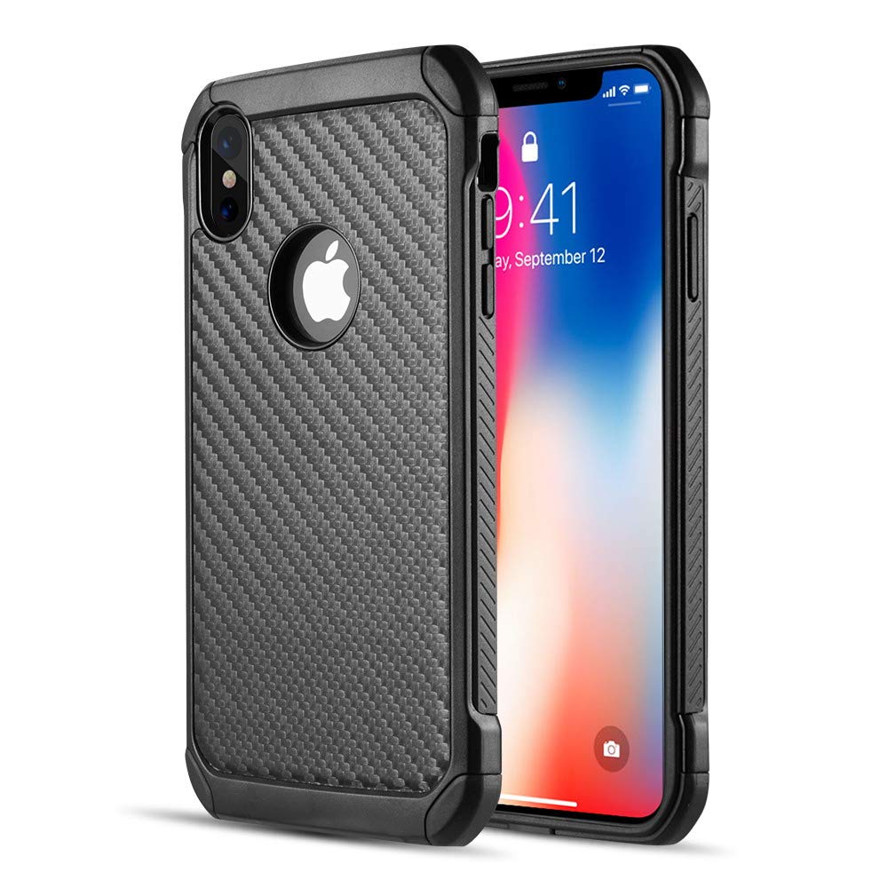 **Durable Hybrid Case for iPhone Xs Max - Black TPU & PC with Carbon Fiber Finish | Shockproof & Slim Protection for Everyday Use**