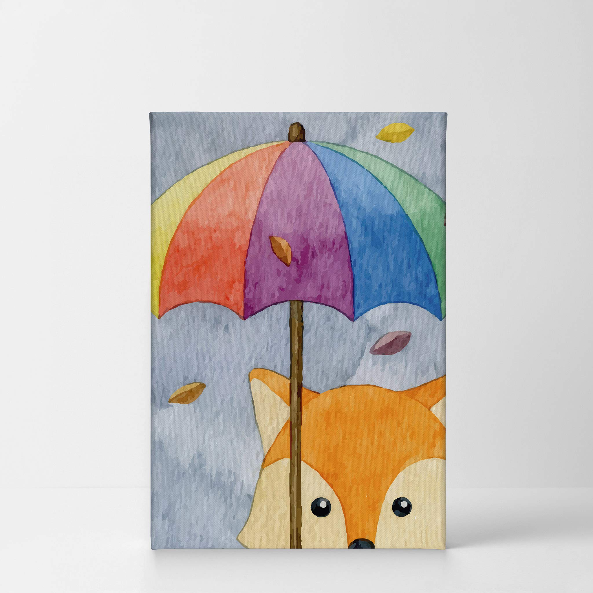 Cute Fox Umbrella Painting Canvas Print - Autumn Theme Gray Background Wall Art for Kids Room, Nursery & Baby Room Decor - 40x30 Inches Made in USA | Perfect for Children's Bedroom, Playroom & Preschool Classroom Decor