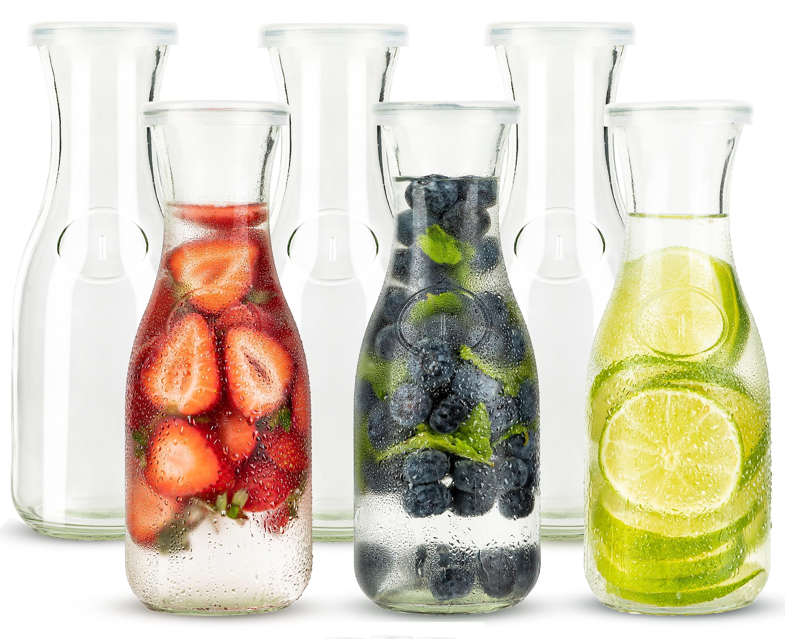 Kook 6-Piece Glass Carafe Pitcher Set - 17.3 oz Mini Beverage Dispensers for Mimosas, Water, Wine, Milk & Juice - Clear Glass Jugs with Plastic Lids, Dishwasher Safe - Perfect for Parties, Brunch & Home Entertaining