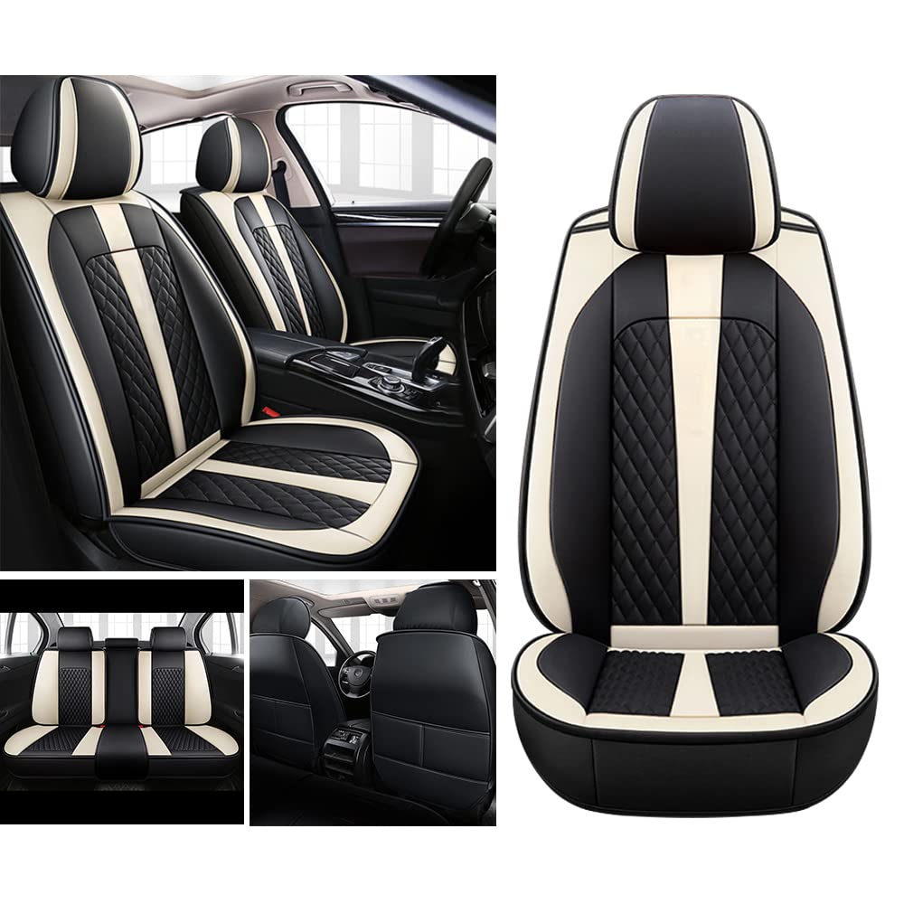 Handao-US Premium PU Leather Car Seat Covers - Universal Fit for Most Vehicles, 5-Seat Full Set, All-Weather Waterproof & Comfortable Auto Seat Protectors (Black/Beige) - Perfect for Daily Commute, Road Trips & Family Protection