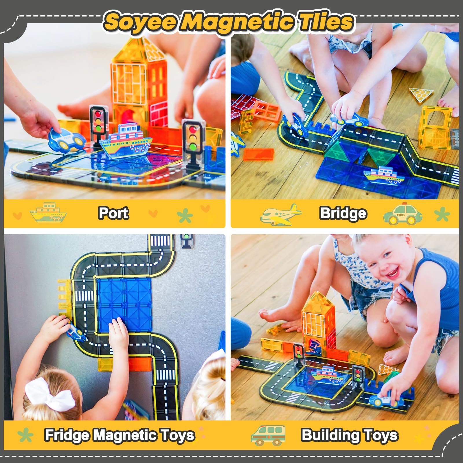 Soyee Magnetic Tiles Road Cars Toys - 120PCS Magnetic Building Blocks for Kids Ages 3-8, STEM Educational Construction Toys for Toddlers & Preschoolers - Perfect Birthday Gift for Boys & Girls | Creative Play, Classroom Learning, Sensory Development