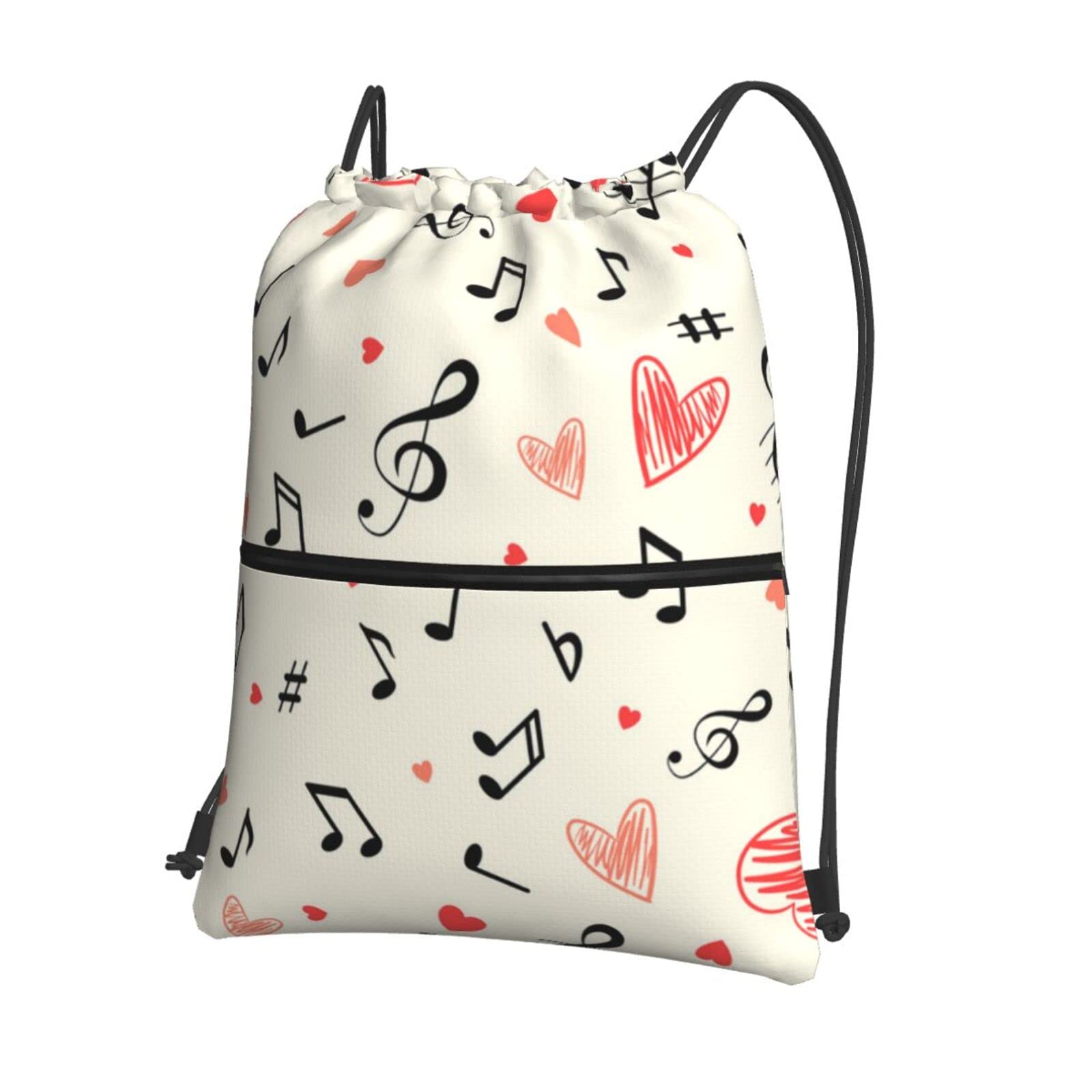AMRANDOM Drawstring Backpack - Sporty Music Notes & Heart Design with Front Zipper Pouch for Women, Men & Kids - Perfect for Gym, Beach, Swimming Pool, Hiking & Training - Lightweight & Durable One Size Backpack