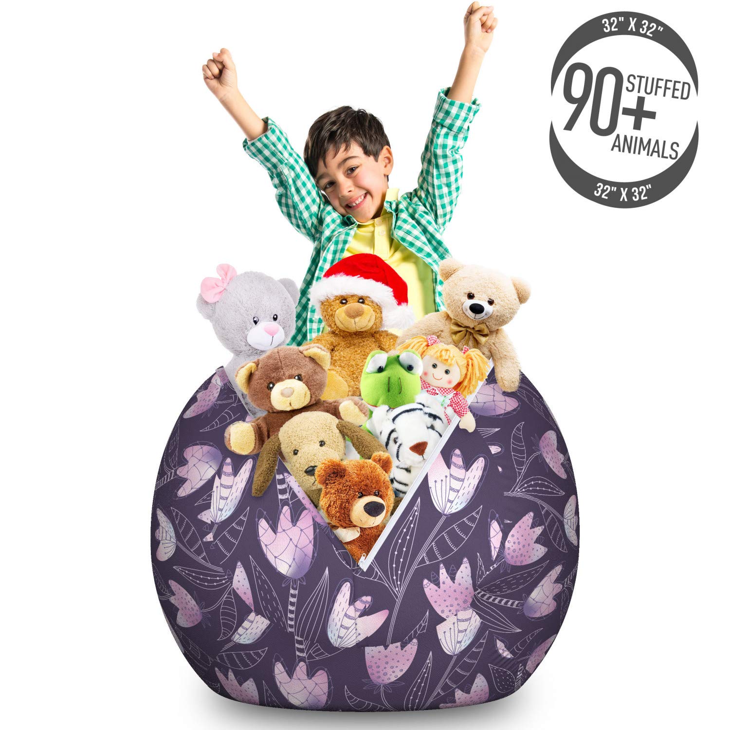 Ambesonne Floral Storage Toy Bag Chair - Large Washable Stuffed Animal Organizer with Violet Tulip Motifs in Pale Mauve & Purple | Perfect for Kids' Room, Nursery, Playroom & Home Organization