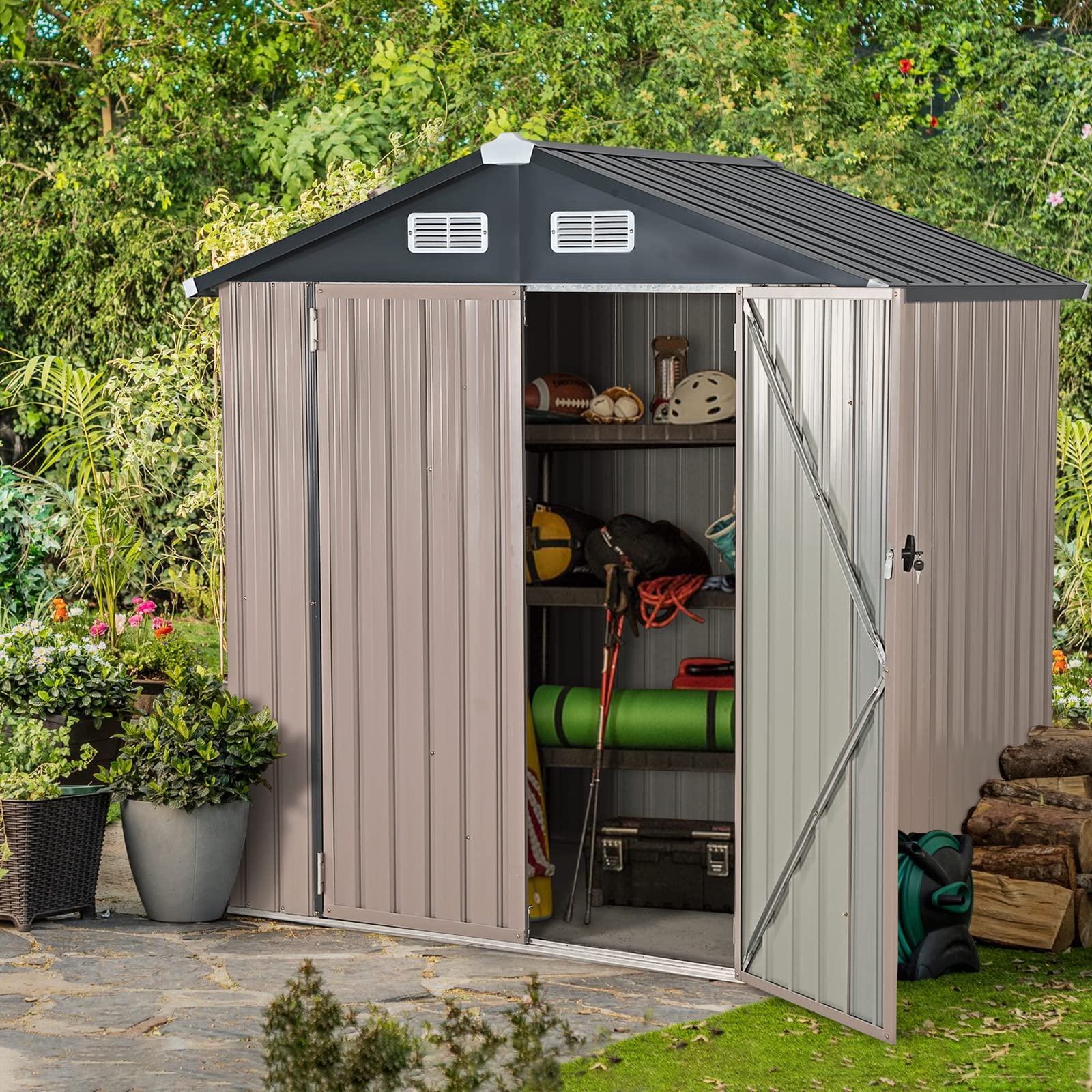 Verano Garden 6x4 FT Outdoor Storage Shed - Galvanized Metal Steel Garden Shed with Double Doors & Lock - Perfect for Bike Storage, Backyard, Patio, Lawn (72.05
