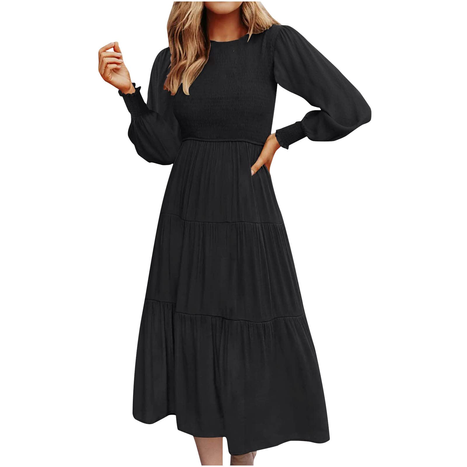 bmkBWO Women's Long Sleeve Midi Dress - Crewneck Ruffle Tiered A-Line Wrap Dress in Solid Colors | Perfect for Casual Wear, Office Outfits & Special Occasions