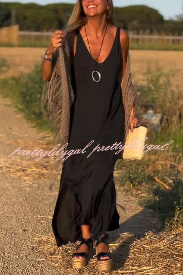 Elegant Solid Color V-Neck Sleeveless Maxi Dress - Casual Loose Fit Summer Beach Dress for Women | Perfect for Vacation, Date Night & Outdoor Events