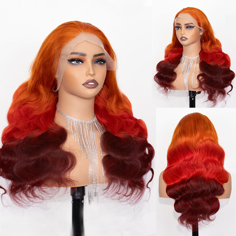 Eullair Ombre Orange Red Brown Body Wave Human Hair Wig with Transparent Lace Frontal for Women - Perfect for Daily Wear, Cosplay & Special Occasions