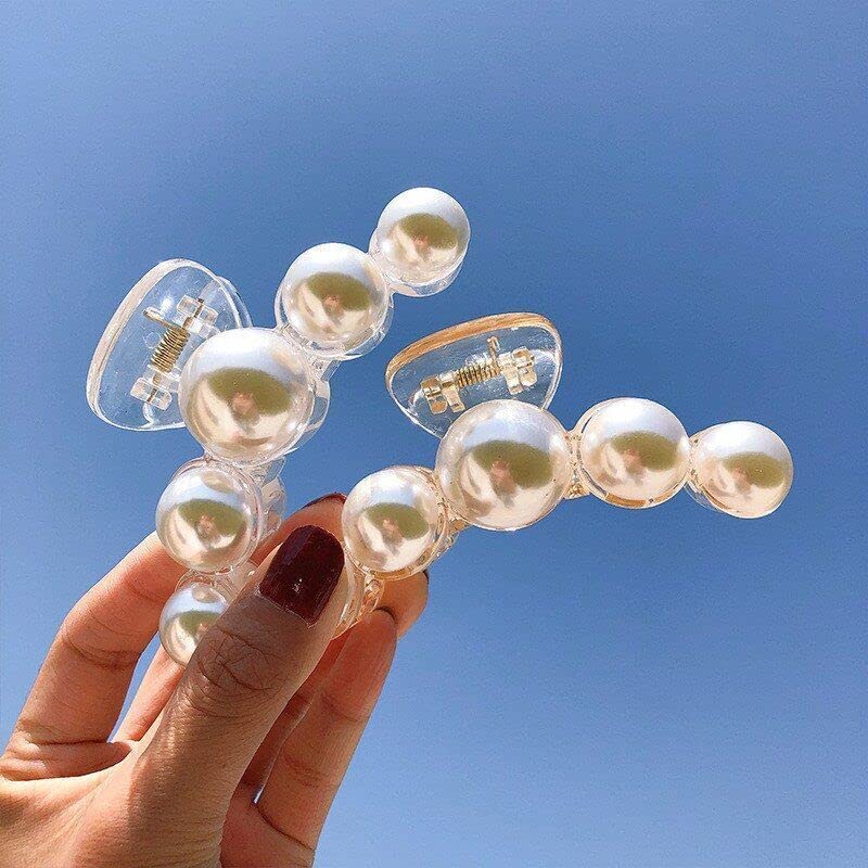 Glamifirsto 2-Pack Transparent Pearl Hair Claw Clips - Strong Hold Banana Jaw Hair Clips for Women & Girls | Fashion Hair Accessories for Wedding, Party & Everyday Use