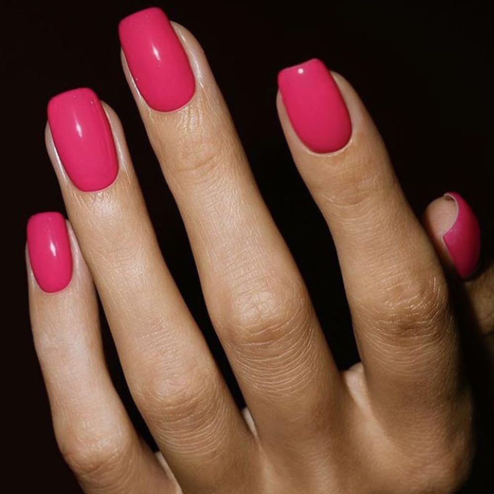 Glamermaid Short Press on Nails - Handmade Hot Pink Fake Nails with Medium Square Shape & UV Jelly Finish | Reusable Acrylic False Nail Kit with Glue for Women | Perfect for Parties, Weddings & Everyday Wear