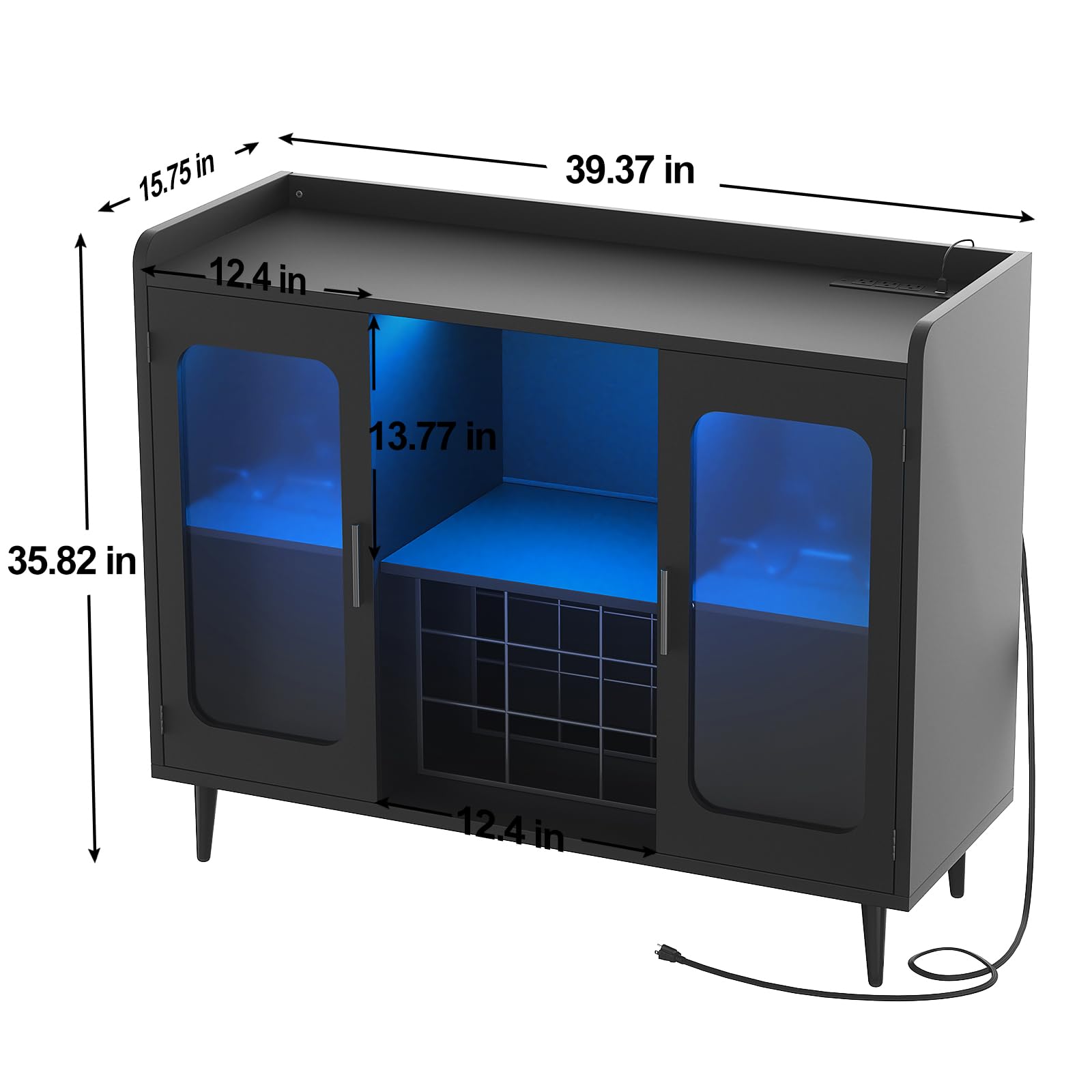 Black Wine Bar Cabinet with Power Outlet & LED Lights - Modern Liquor Storage with Glass Holder & Storage Shelves - Perfect for Home Bar, Coffee Station, Kitchen Buffet or Dining Room Sideboard