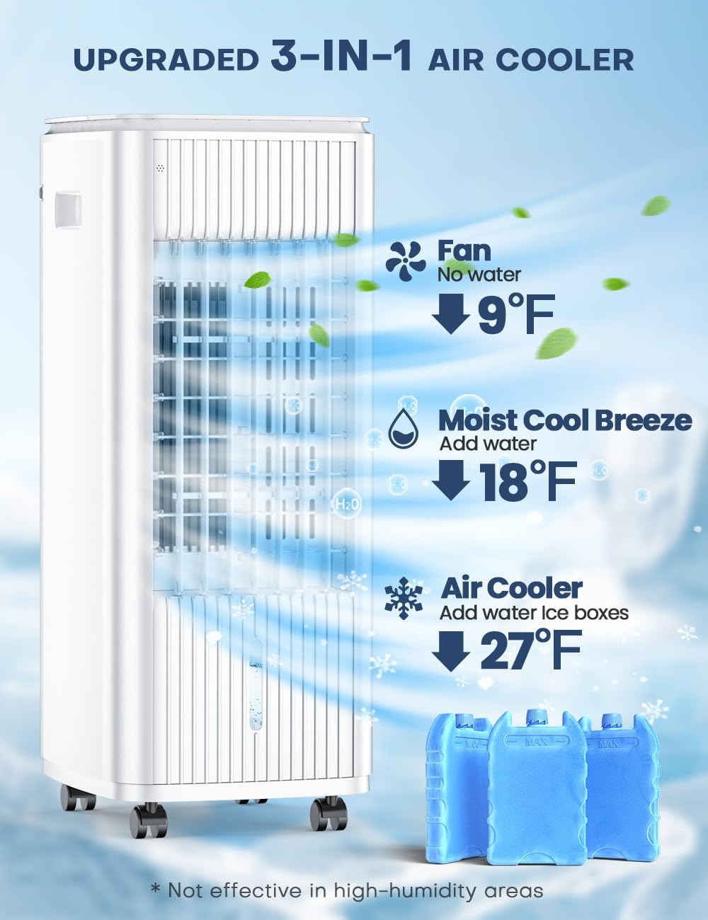 BALKO 25-Inch Portable Evaporative Air Cooler with Double Water Tanks, Smart Timer & 3 Ice Packs - 60W Energy Efficient, 70° Oscillation, 3-Speed Windowless Air Conditioner for Bedroom, Office & Outdoor Use - Perfect for Summer Cooling & Home Comfort