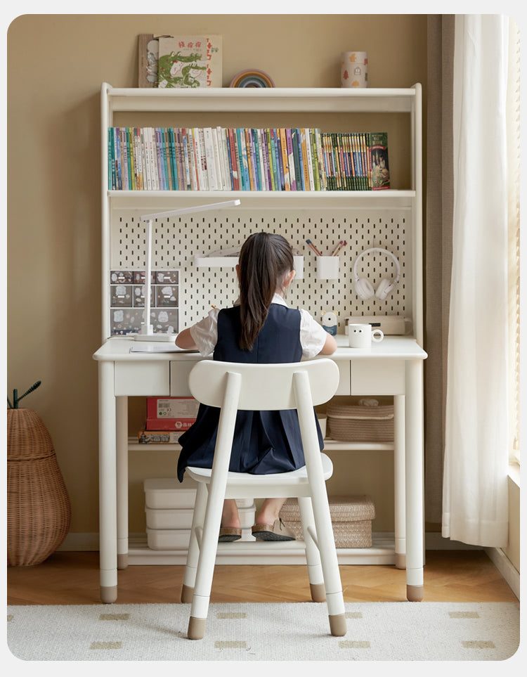 Birch Solid Wood Bookshelf - Modern Cream Floor Standing Bookcase with Adjustable Study Desk for Kids | Perfect for Children's Bedroom, Nursery, and Home Office Organization