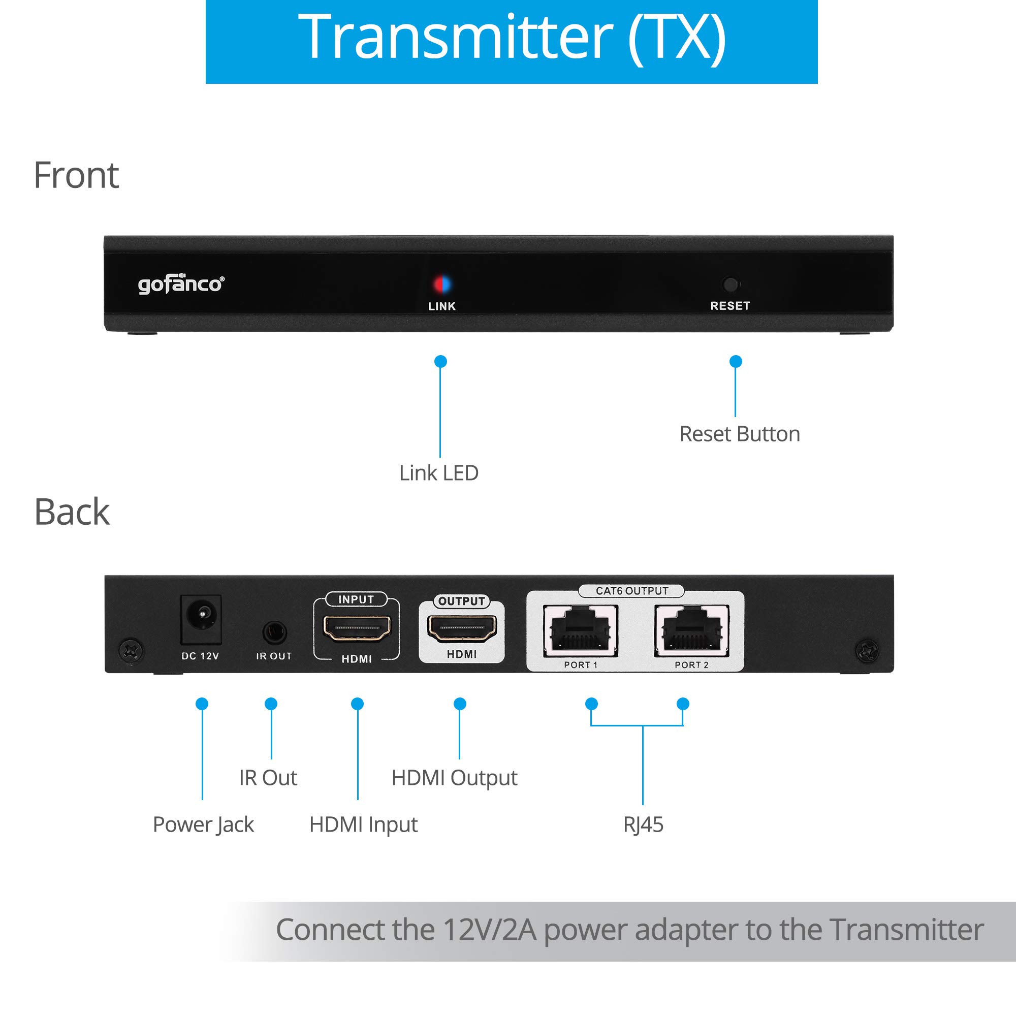 gofanco 4K 60Hz HDMI Splitter 1x2 - 4K@60Hz 4:4:4 HDR, HDCP 2.2, IR Extension, 198ft/60m Over CAT6/7 Cable, HDMI Loopout (HDExt4K-2P) - Perfect for Home Theater, Gaming & Conference Room Setup