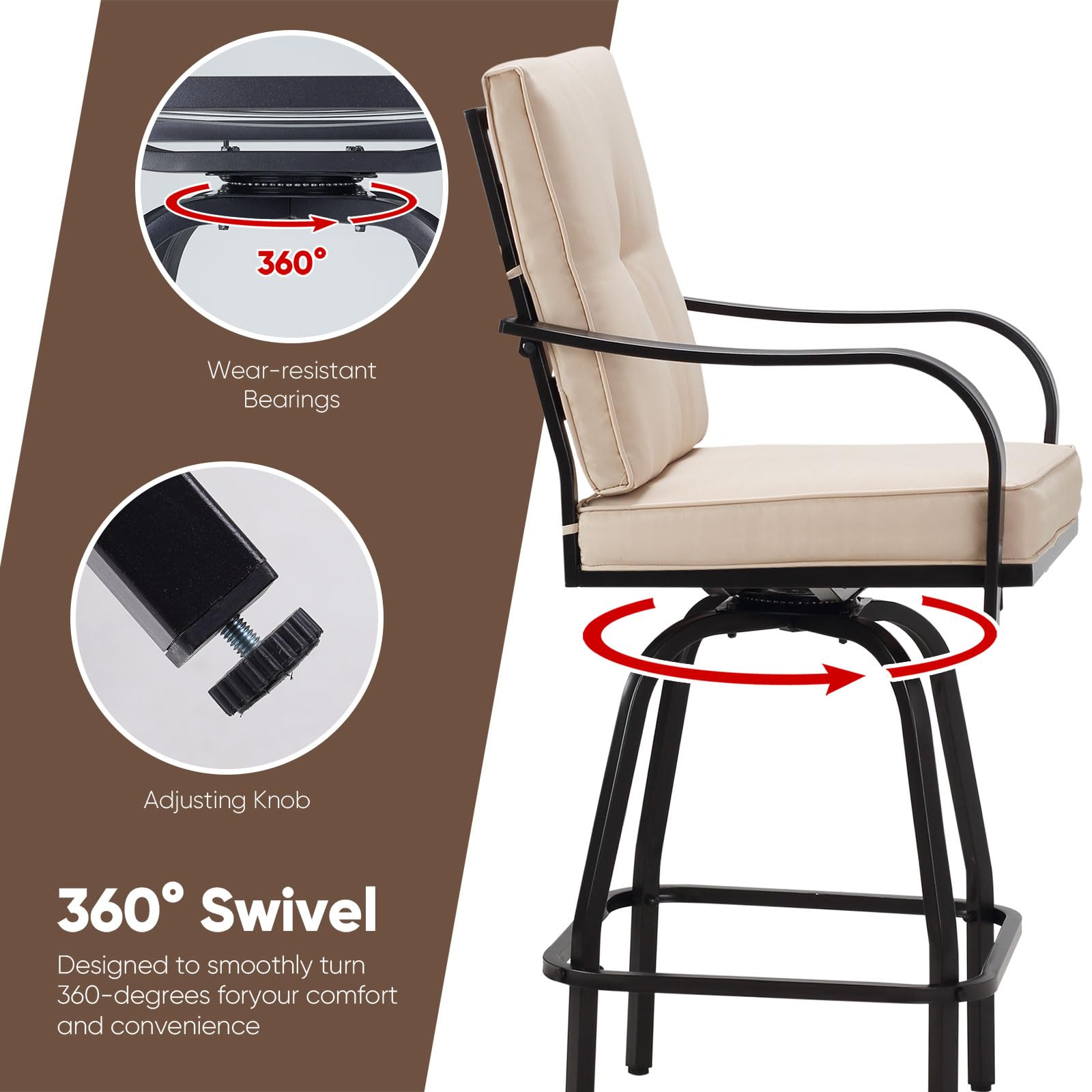 2-Pack Swivel Bar Stools for Outdoor Patio - Adjustable Height Bar Chairs with Cushions for Garden, Balcony, Backyard (Beige) - Perfect for Poolside Lounging, Outdoor Dining & Entertaining